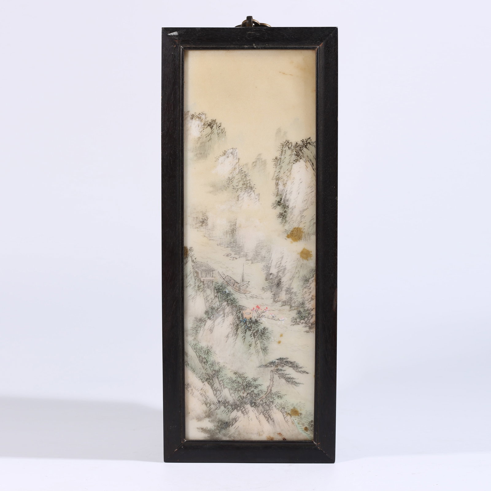 A ZITAN WOOD HANGING SCREEN INLAID WITH HAN WHITE JADE AND COLORED LANDSCAPE DESIGN: Zitan wood hanging screen inlaid with Han white jade and colored landscape design