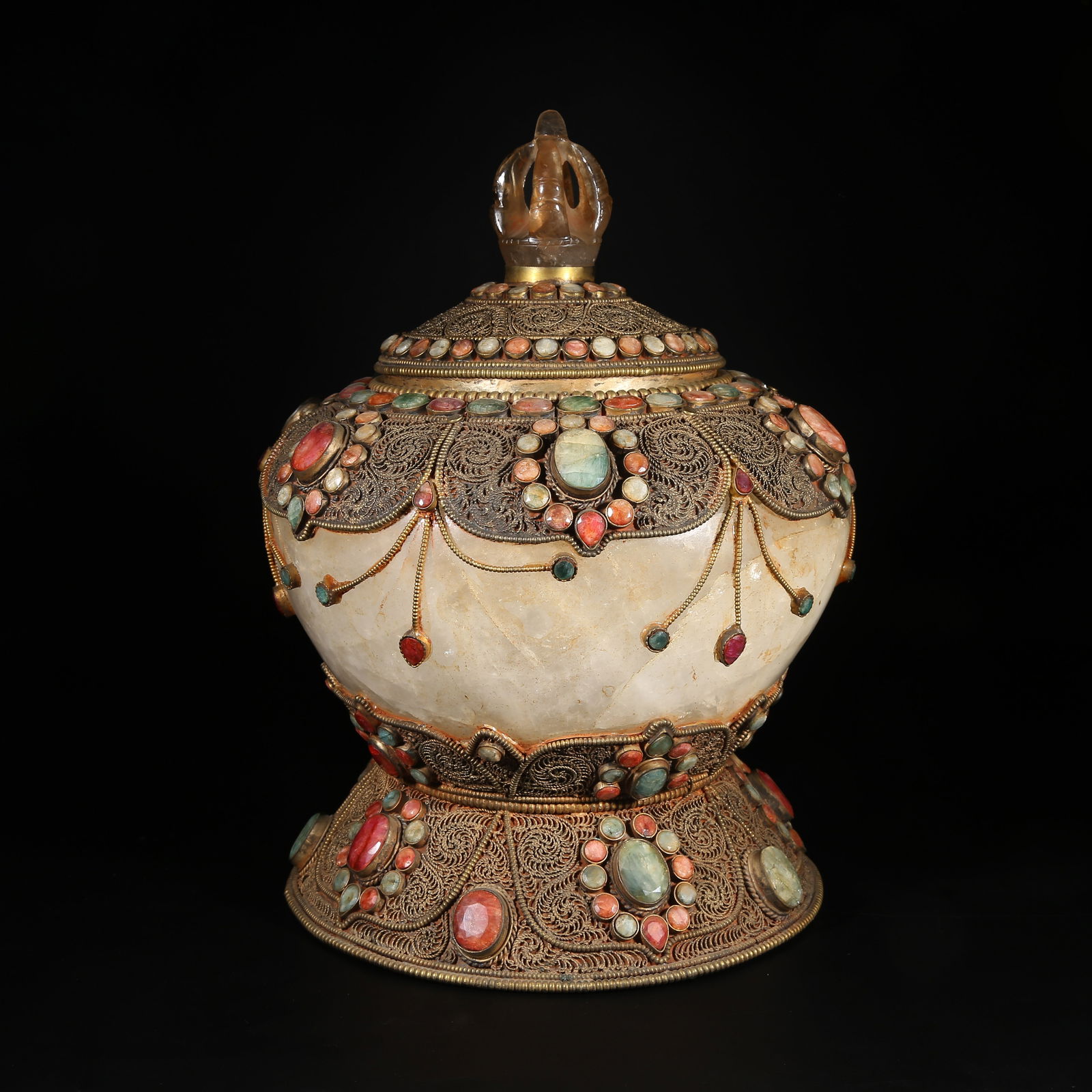 A CRYSTAL VASE WITH GILT-BRONZE AND GEM-INLAID BASE: Crystal Vase with Gilt-Bronze and Gem-Inlaid Base