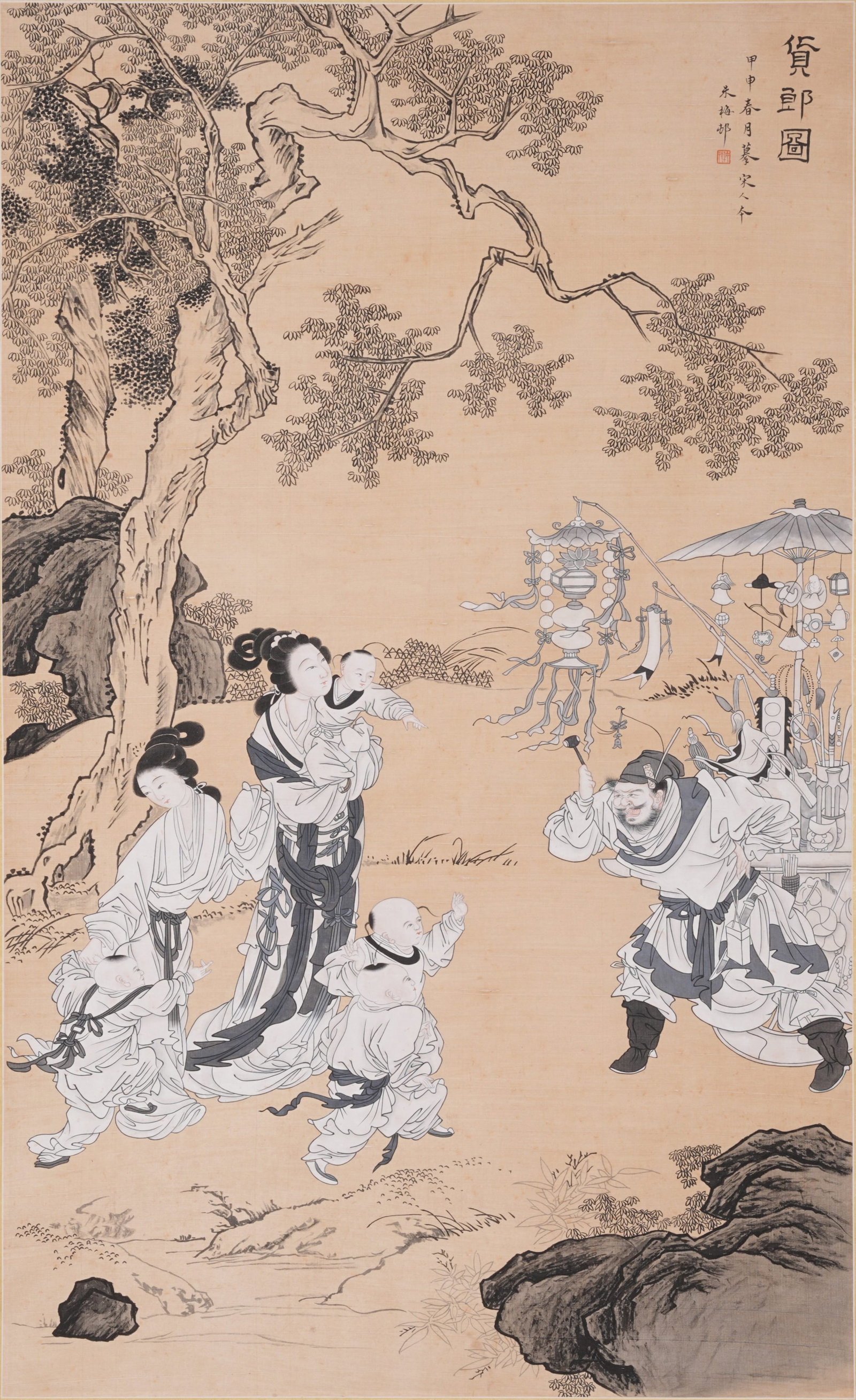 A FIGURE STORY PAINTING ON SILK BY ZHU MEICUN.朱梅邨: Figure Story Painting on Silk by Zhu Meicun.朱梅邨