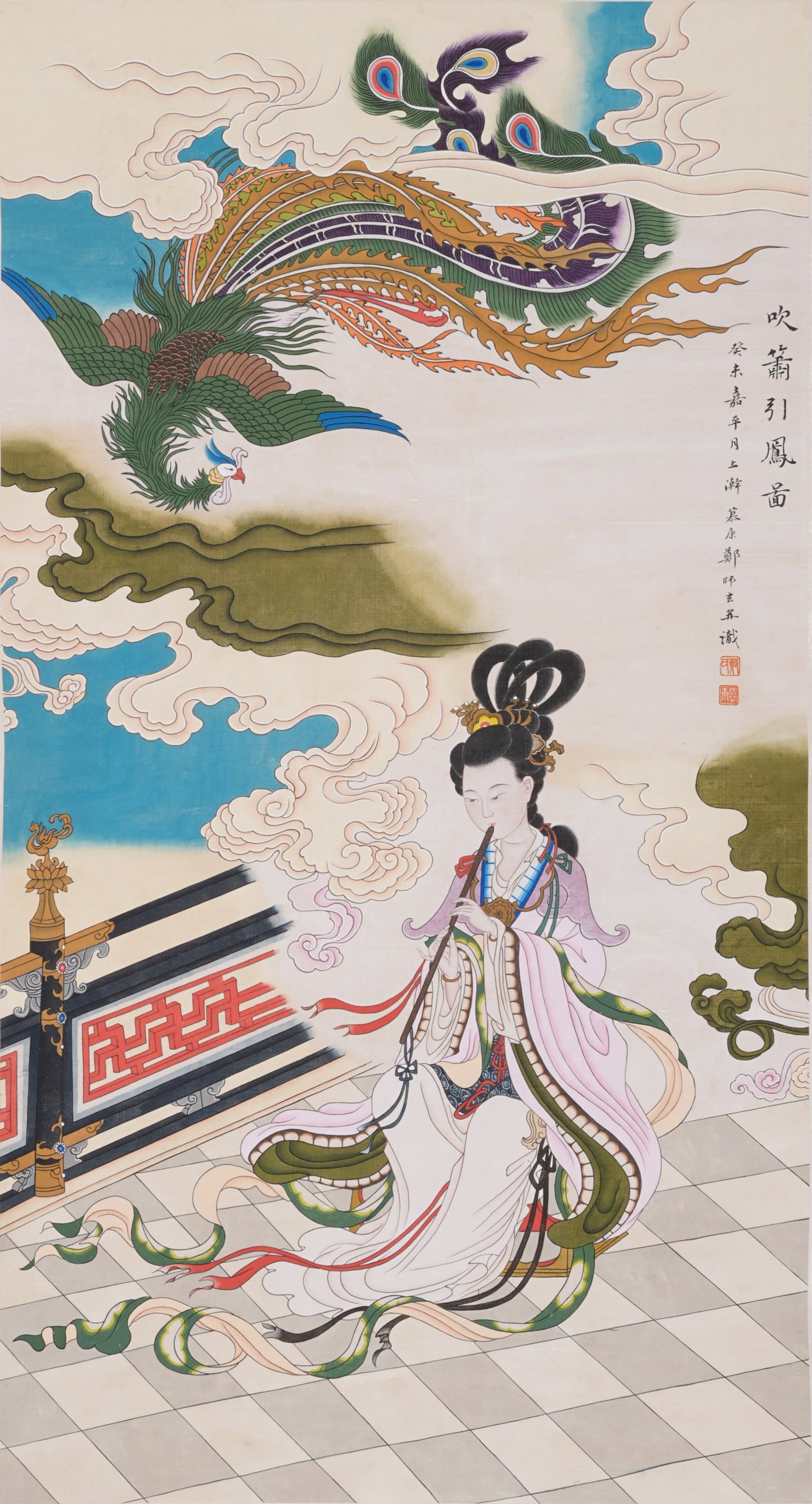 A PLAYING THE XIAO TO SUMMON THE PHOENIX PAINTING ON SILK BY ZHENG MUKANG.鄭慕康: Playing the Xiao to Summon the Phoenix Painting on Silk by Zheng Mukang.鄭慕康