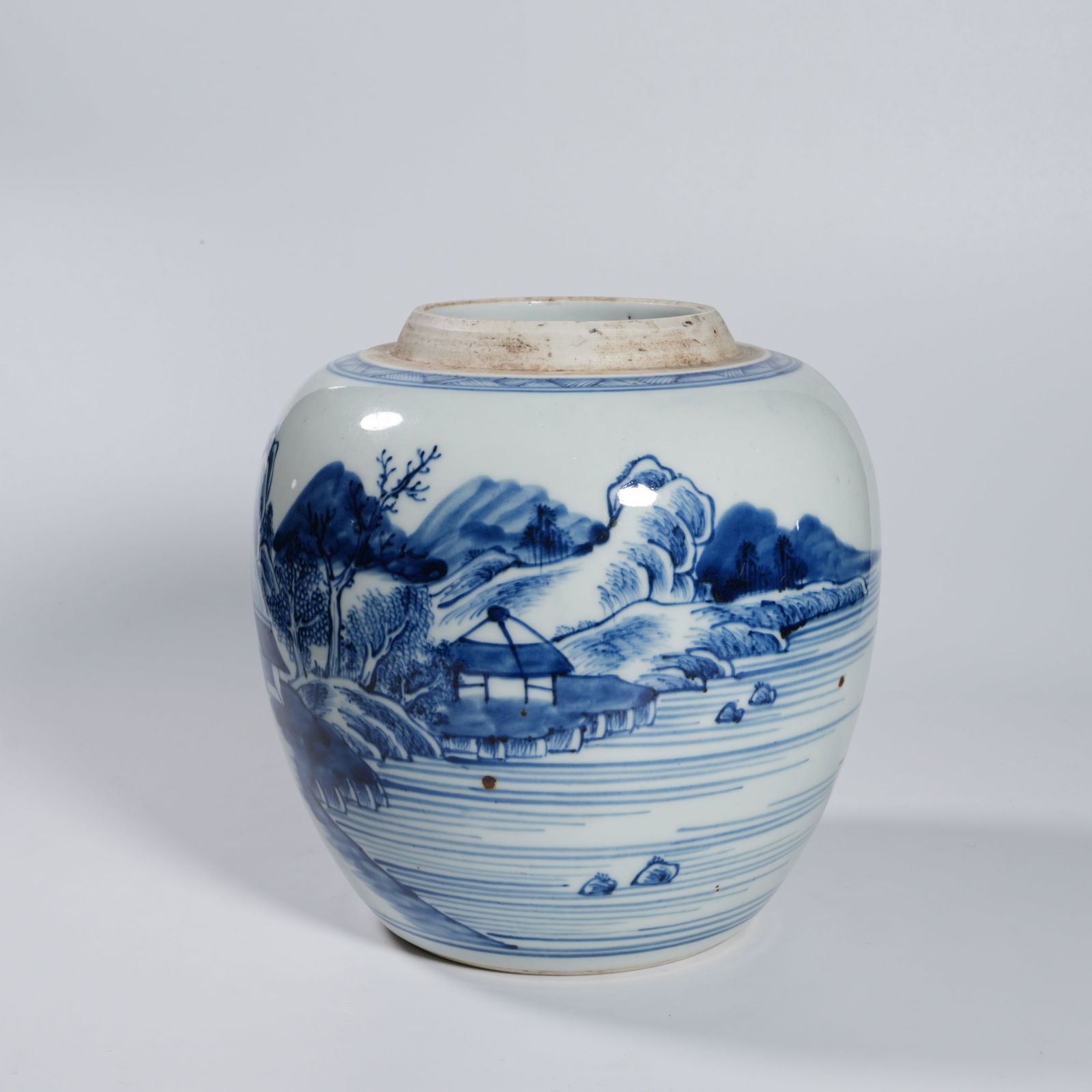 A BLUE-AND-WHITE LANDSCAPE JAR: Blue-and-white landscape jar