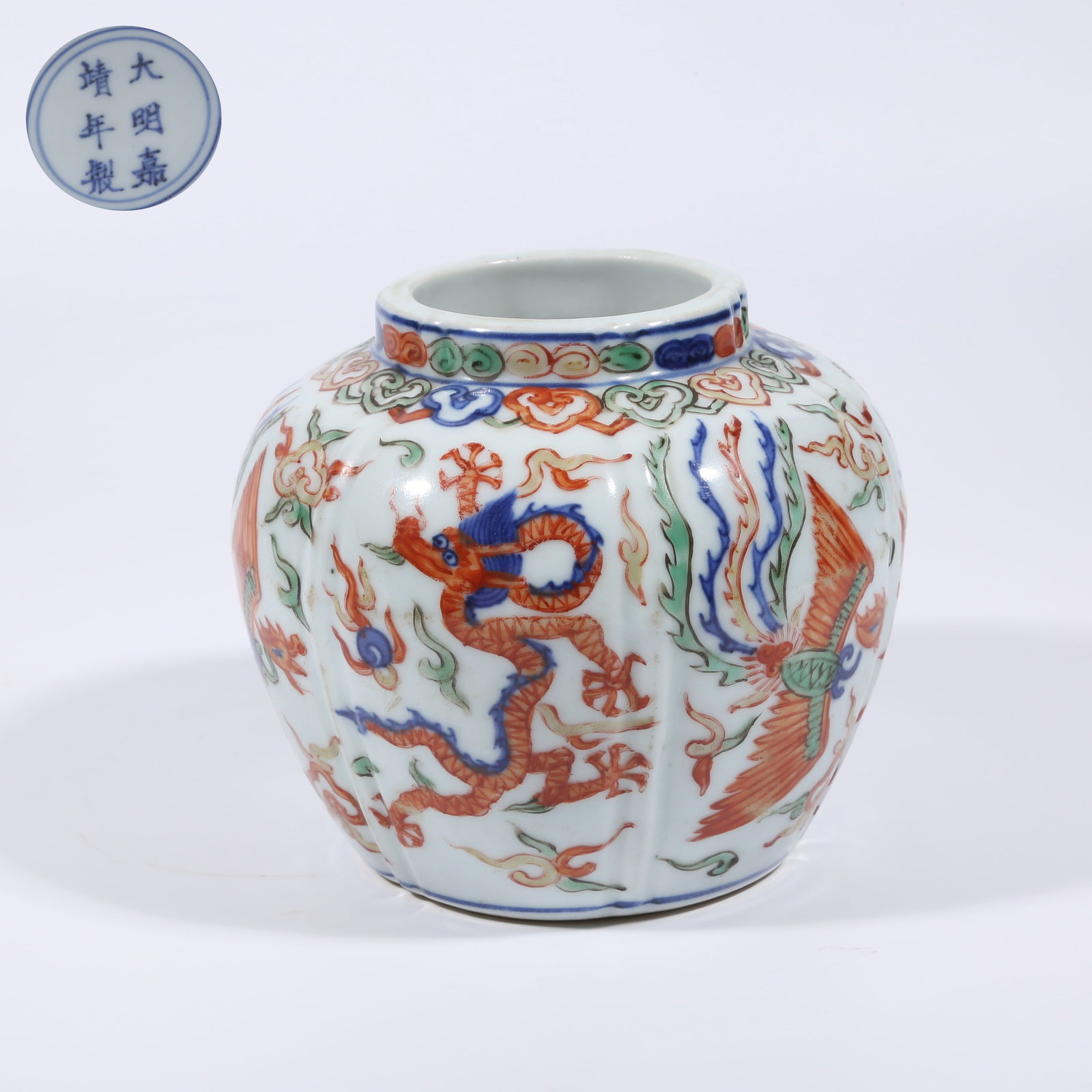 A WUCAI JAR WITH DRAGON-AND-PHOENIX DESIGN: Wucai Jar with Dragon-and-Phoenix Design