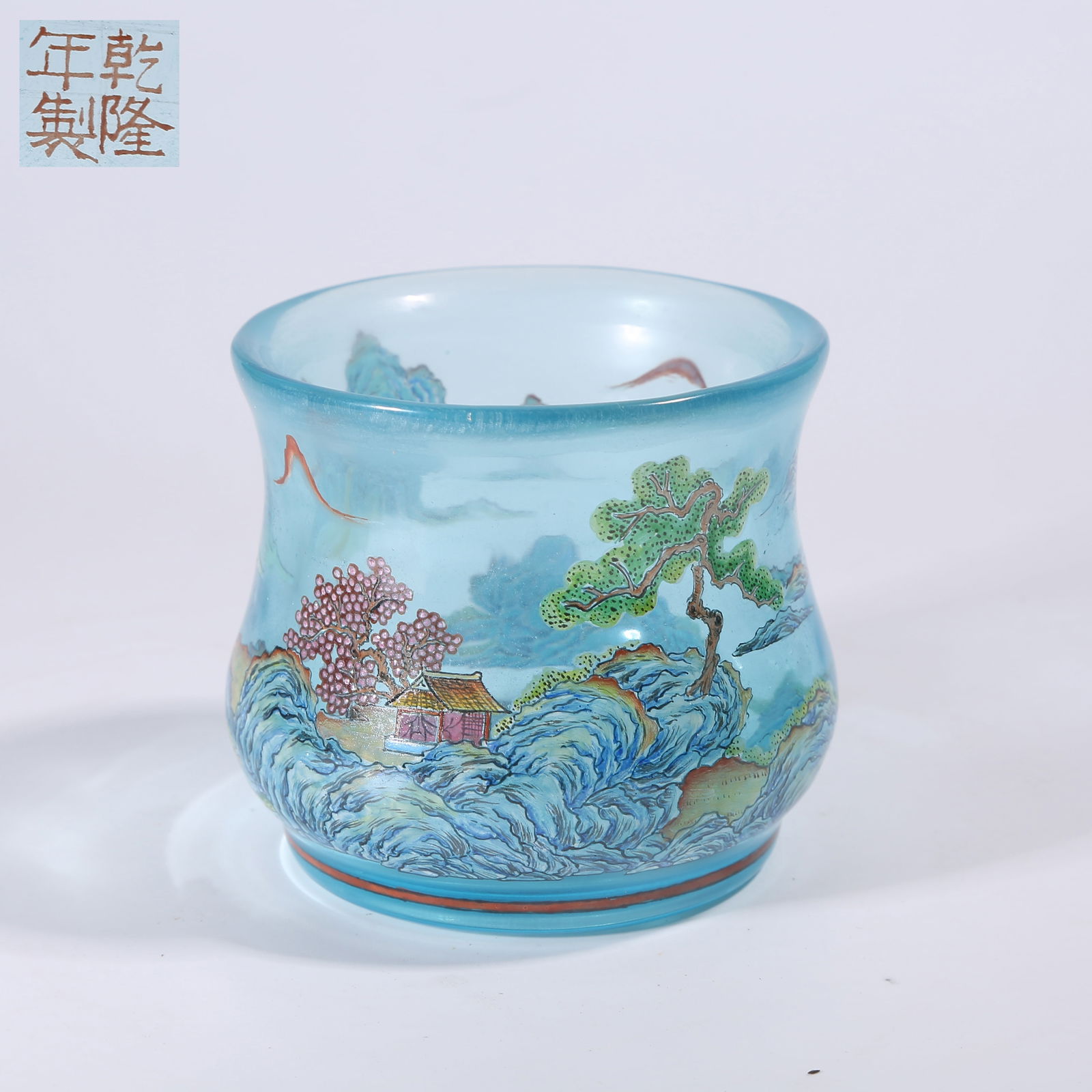 A GLASS FAMILLE-ROSE LANDSCAPE-DECORATED VASE: Glass Famille-rose Landscape-Decorated Vase
