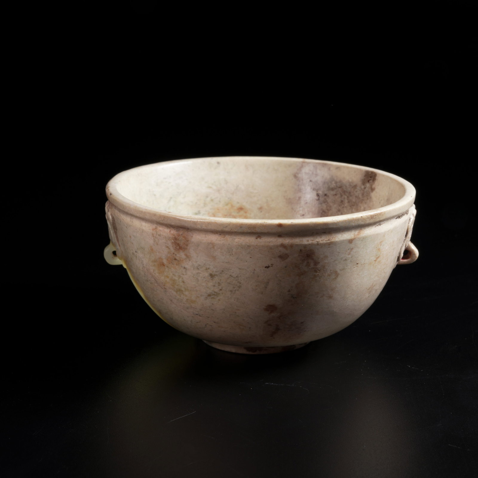 A ARCHAIC JADE DOUBLE-HANDLED ANIMAL-EAR BOWL: Archaic Jade Double-Handled Animal-Ear Bowl