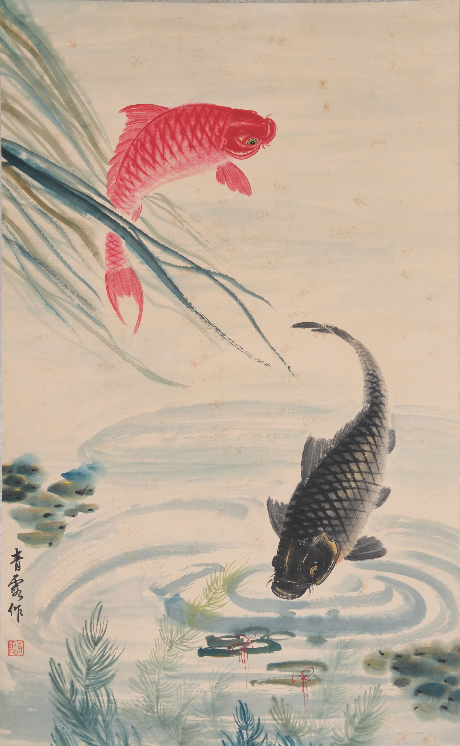 A CARP PAINTING ON PAPER BY WU QINGXIA.吳青霞: Carp Painting on Paper by Wu Qingxia.吳青霞