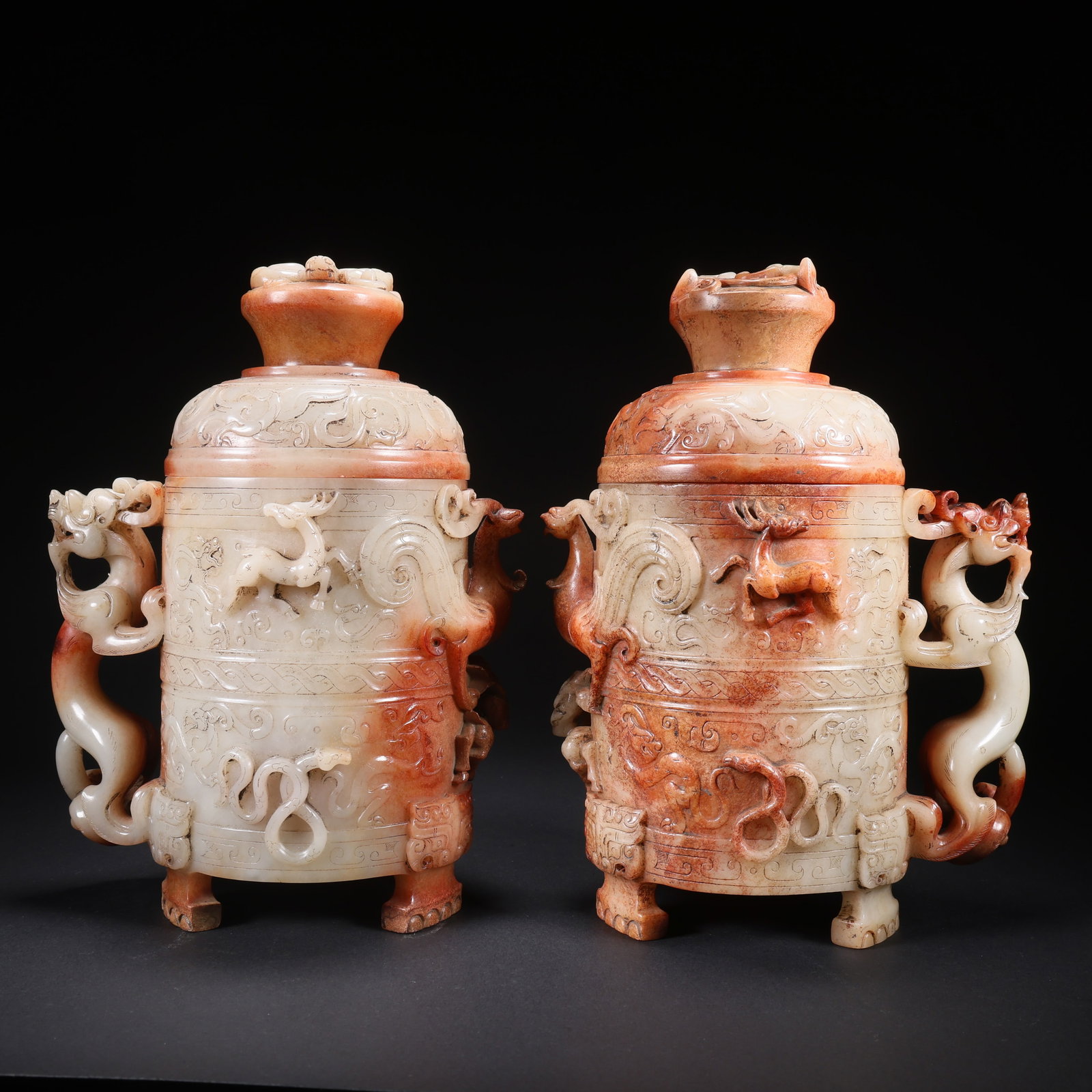 A PAIR OF HETIAN JADE COVERED CUPS WITH DRAGON, PHOENIX, AND DEER MOTIFS: Pair of Hetian Jade Covered Cups with Dragon, Phoenix, and Deer Motifs