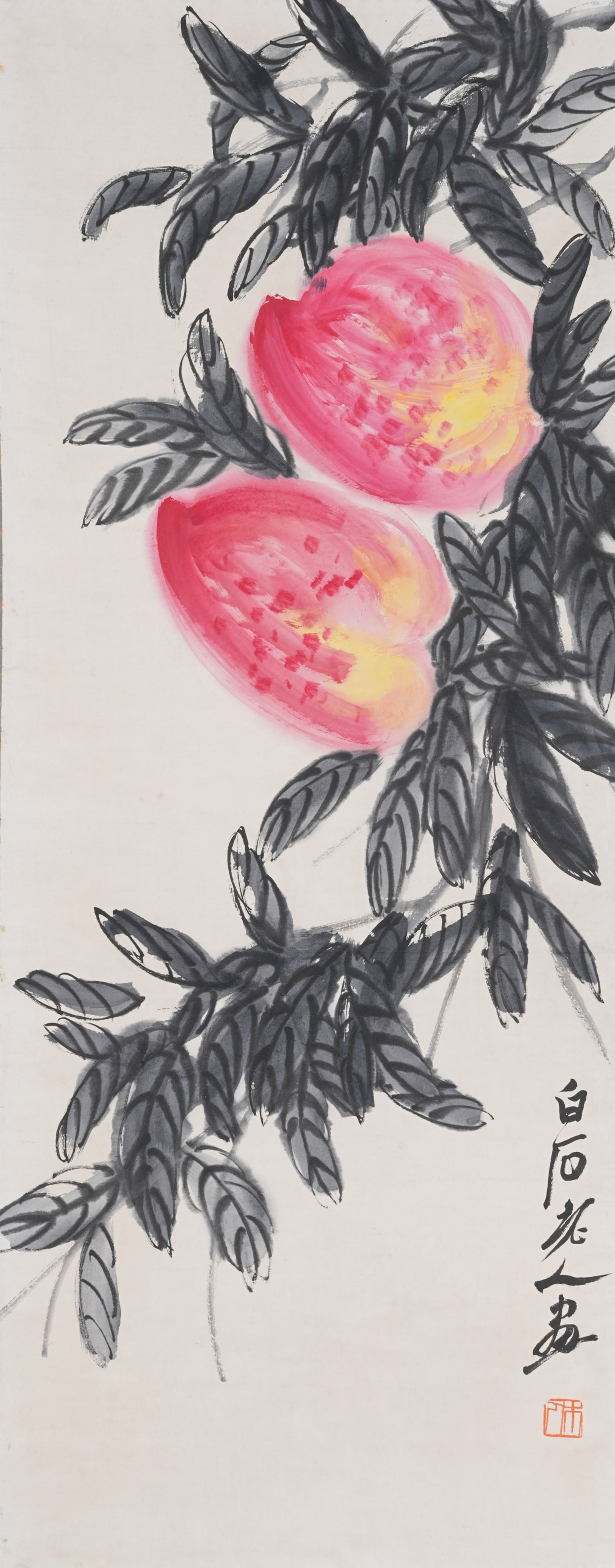 A LONGEVITY PEACH PAINTING ON PAPER BY QI BAISHI.齊白石: Longevity Peach Painting on Paper by Qi Baishi.齊白石