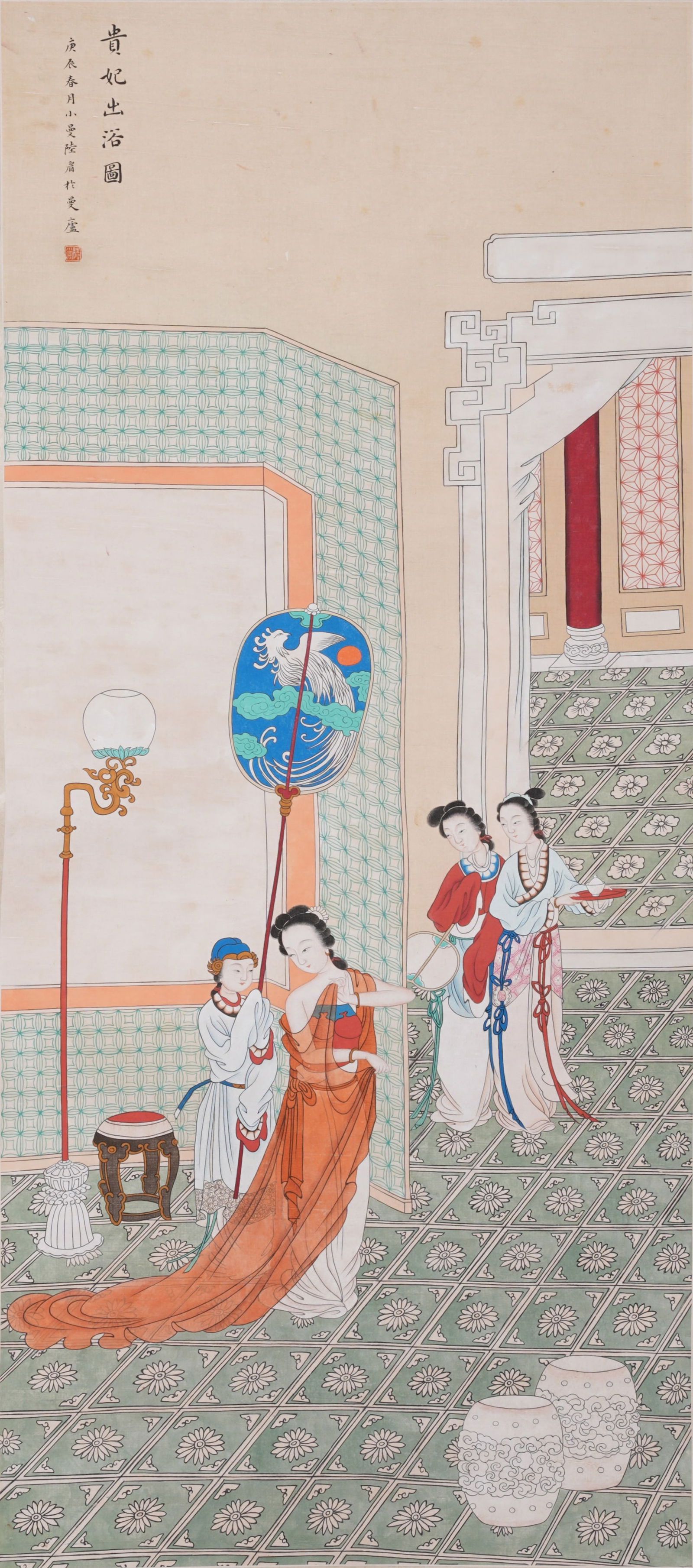 A IMPERIAL CONCUBINE BATHING PAINTING ON SILK BY LU XIAOMAN.陸小曼: Imperial Concubine Bathing Painting on Silk by Lu Xiaoman.陸小曼