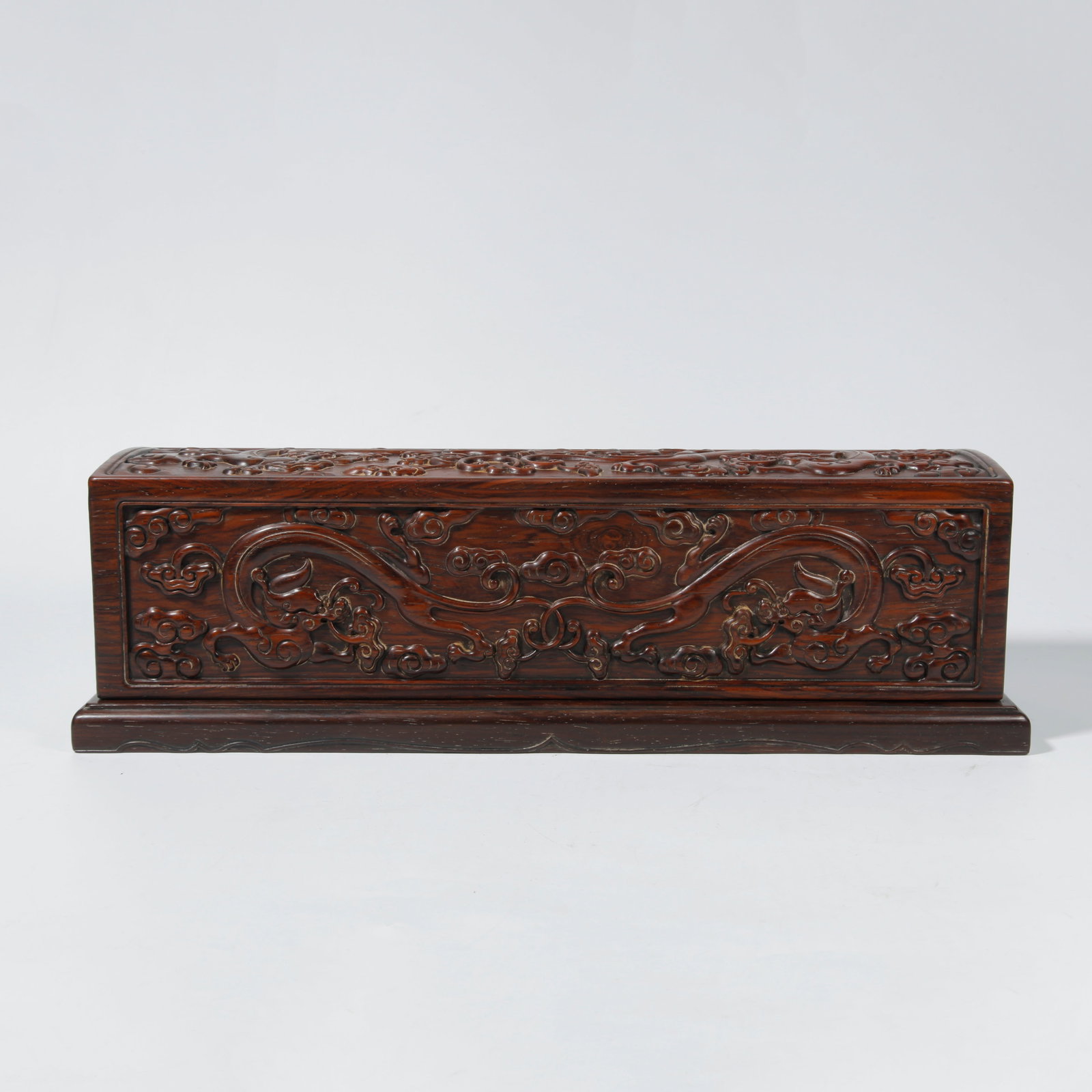 A HUANGHUALI WOOD BOX WITH DRAGON CARVING: Huanghuali Wood Box with Dragon Carving