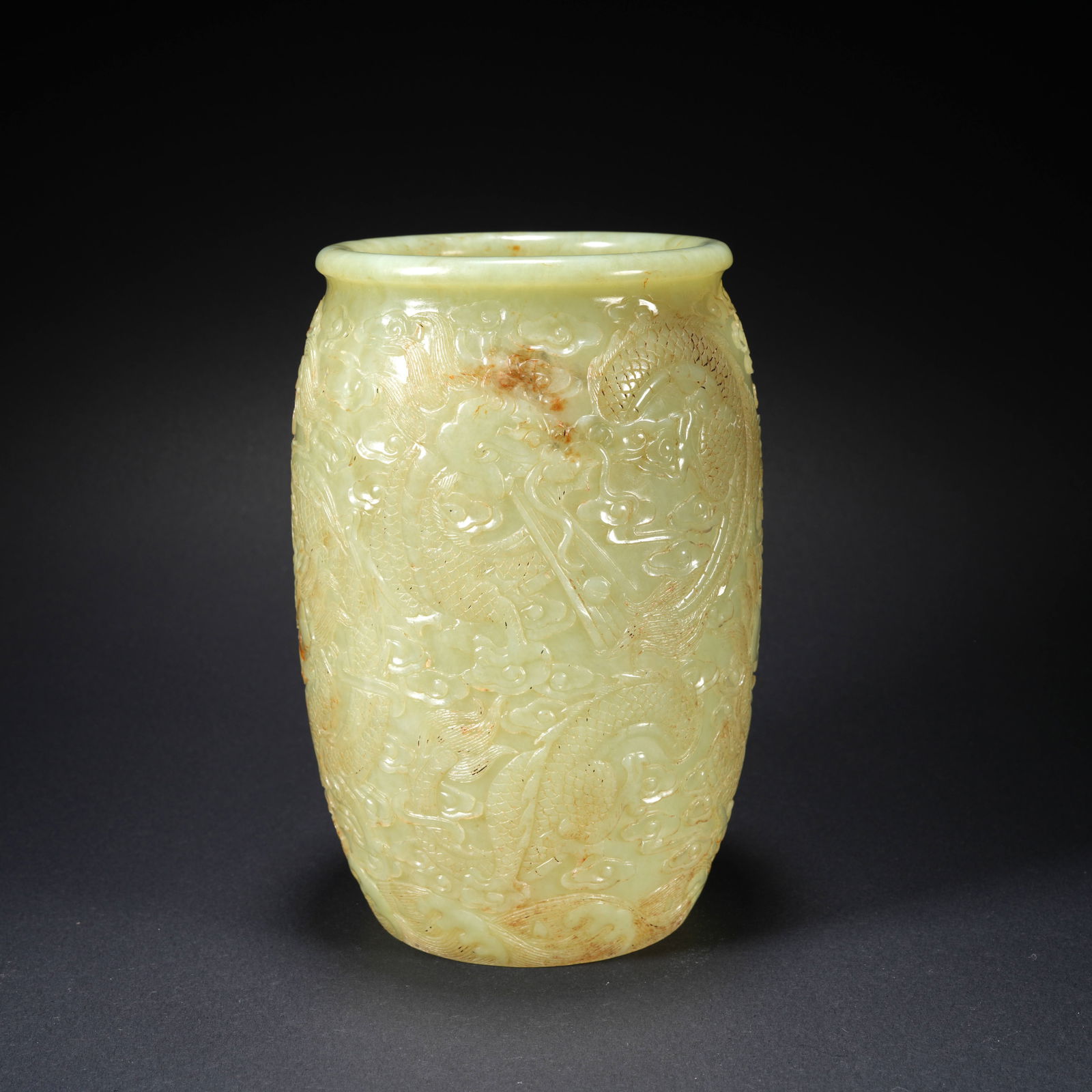A HETIAN YELLOW JADE CARVED JAR WITH DRAGON MOTIF: Hetian Yellow Jade Carved Jar with Dragon Motif