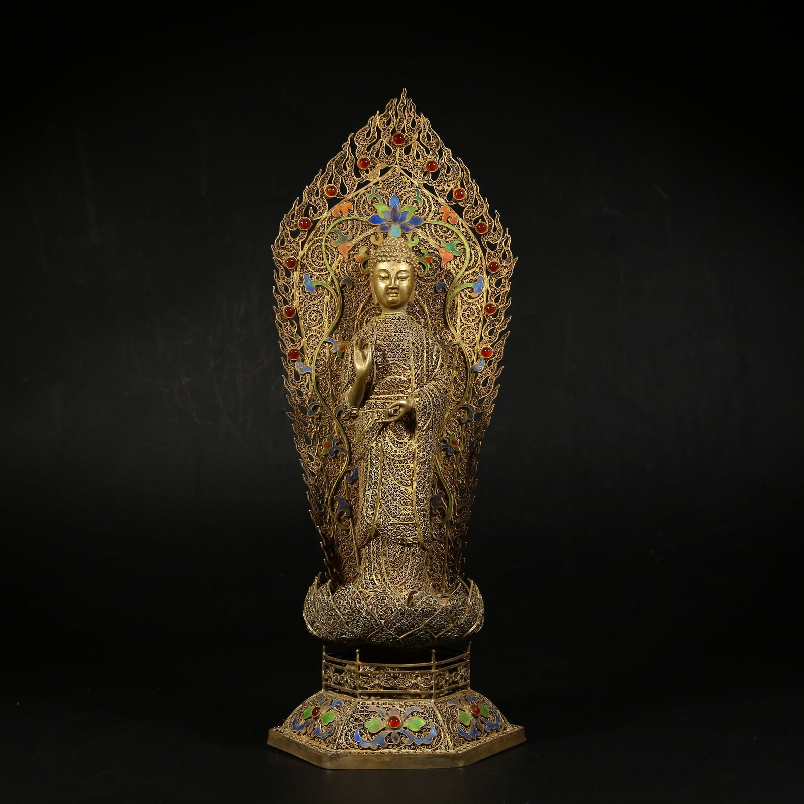 A GILDED SILVER FILIGREE STANDING BUDDHA SCULPTURE: Gilded silver filigree standing Buddha sculpture