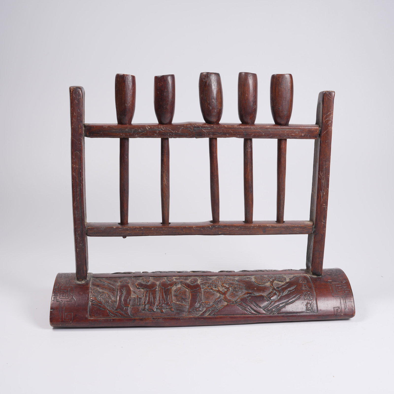 A BAMBOO-CARVED BRUSH REST WITH "SCHOLAR UNDER PINES" SCENE: Bamboo-Carved Brush Rest with "Scholar under Pines" Scene