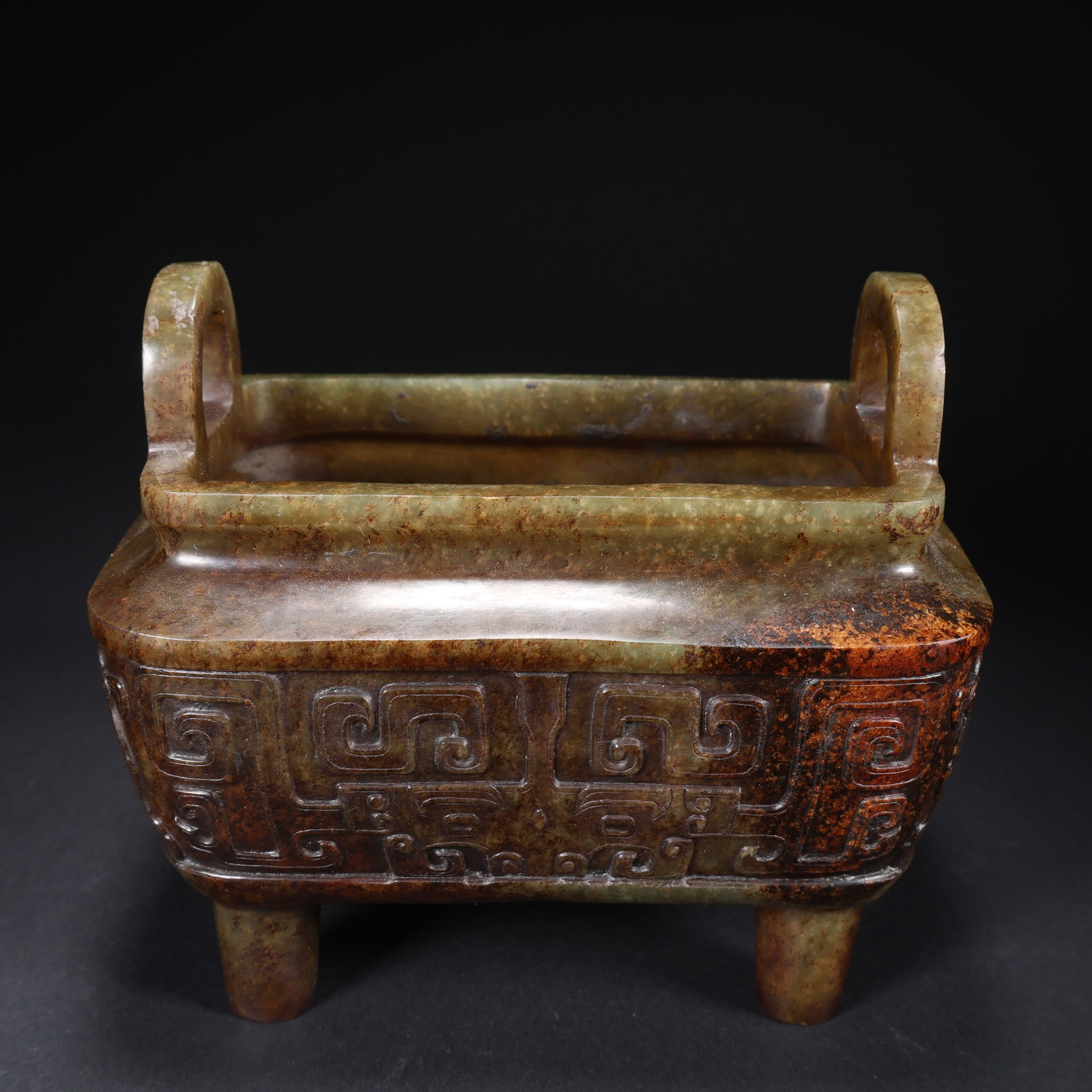 A HETIAN JADE SQUARE DING CENSER WITH BEAST FACES: Hetian Jade Square Ding Censer with Beast Faces