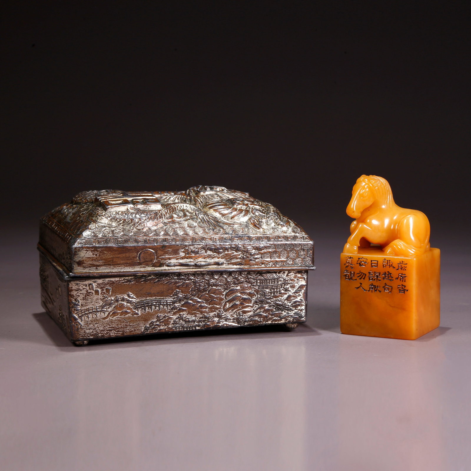 A SHOUSHAN TIANHUANG STONE SEAL WITH HORSE KNOB: Shoushan Tianhuang Stone Seal with Horse Knob