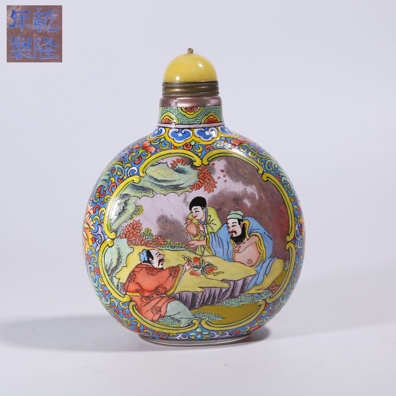 A GLASS PAINTED ENAMEL ELEGANT GATHERING OF SCHOLARS LARGE SNUFF BOTTLE: Glass Painted Enamel Elegant Gathering of Scholars Large Snuff Bottle