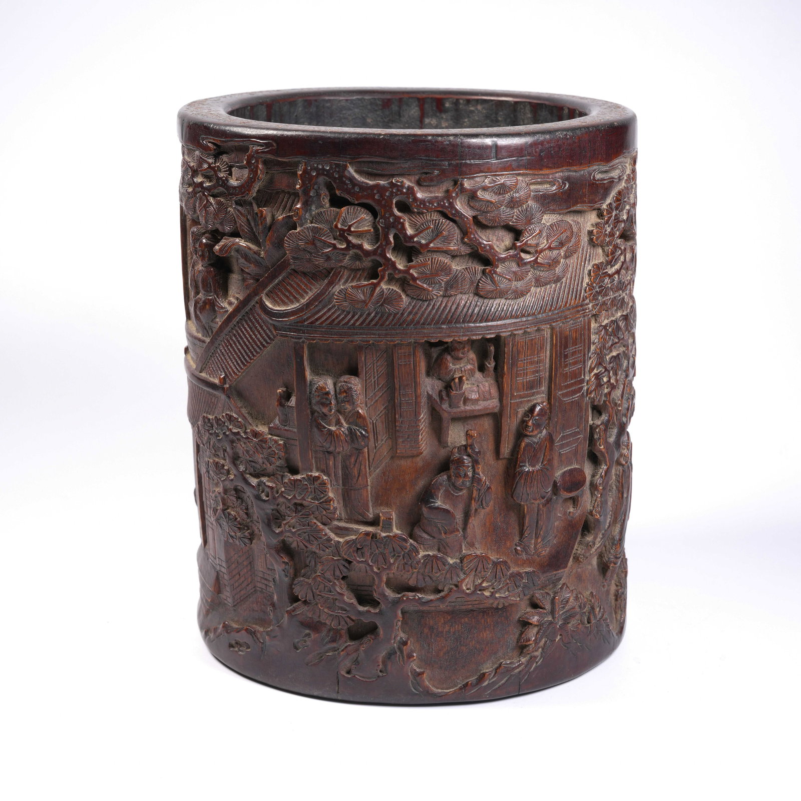 A BAMBOO-ROOT CARVED BRUSH POT WITH PAVILION AND FIGURES: Bamboo-Root Carved Brush Pot with Pavilion and Figures