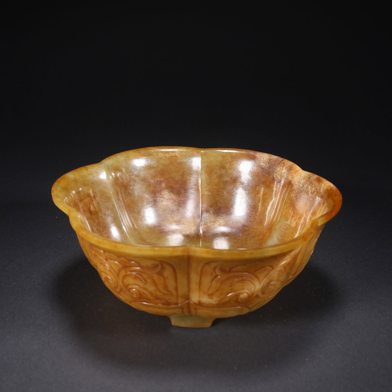 A HETIAN JADE BOWL WITH FLORAL BORDER: Hetian Jade Bowl with Floral Border