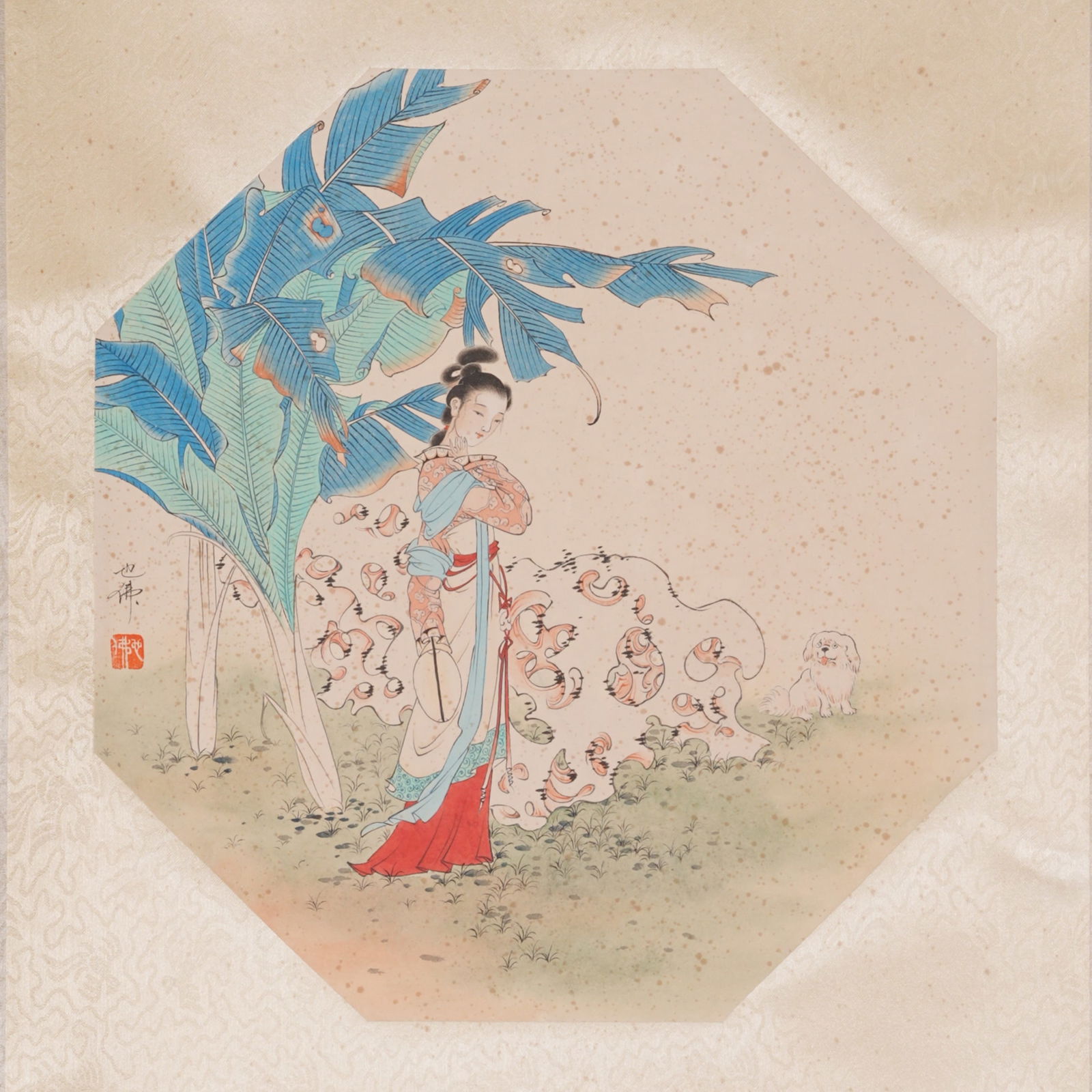 A BANANA TREE LADY FIGURE PAINTING ON PAPER BY HU YEFU.胡也佛: Banana Tree Lady Figure Painting on Paper by Hu Yefu.胡也佛
