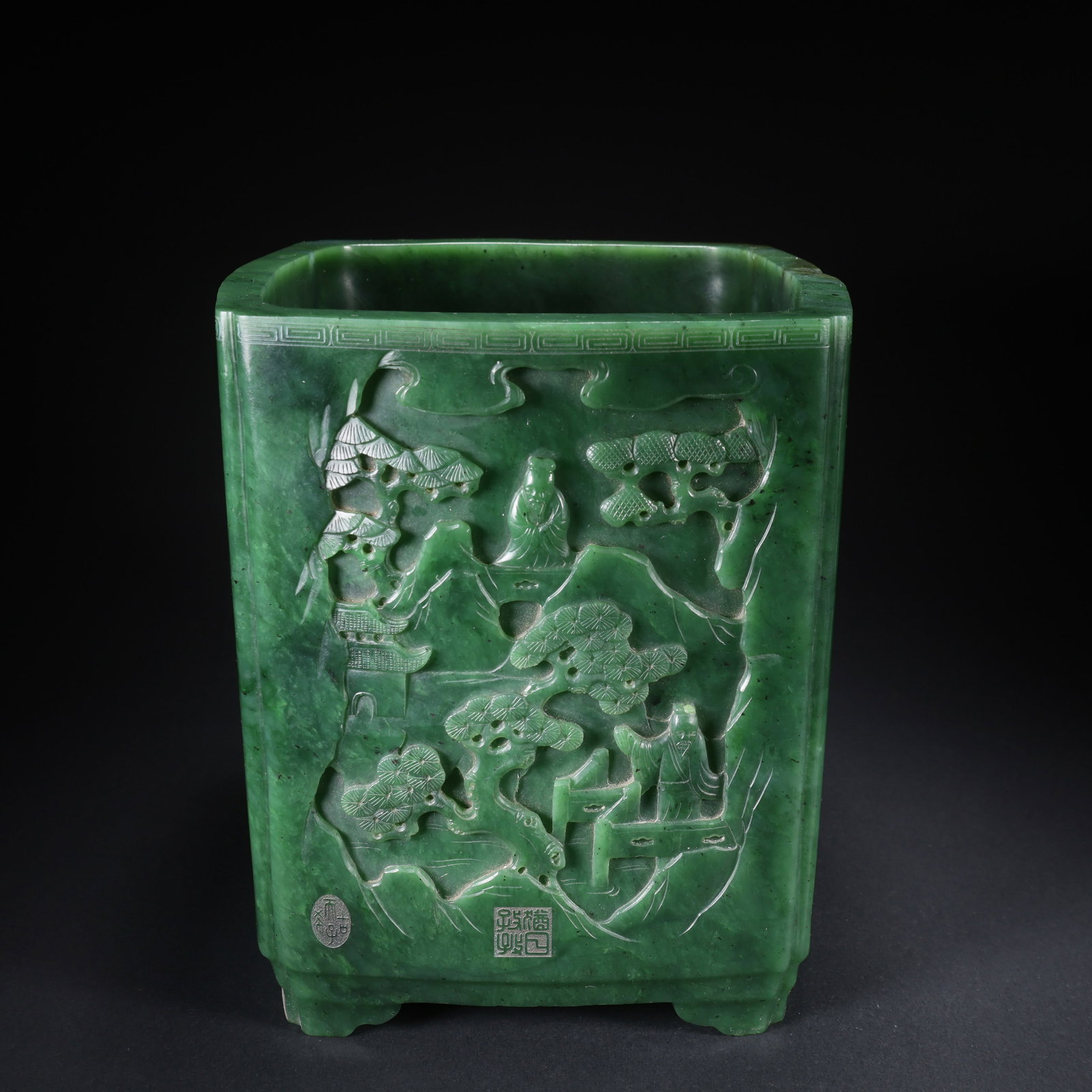 A HETIAN JASPER LARGE SQUARE BRUSH POT WITH LANDSCAPE AND FIGURE MOTIF: Hetian Jasper Large Square Brush Pot with Landscape and Figure Motif