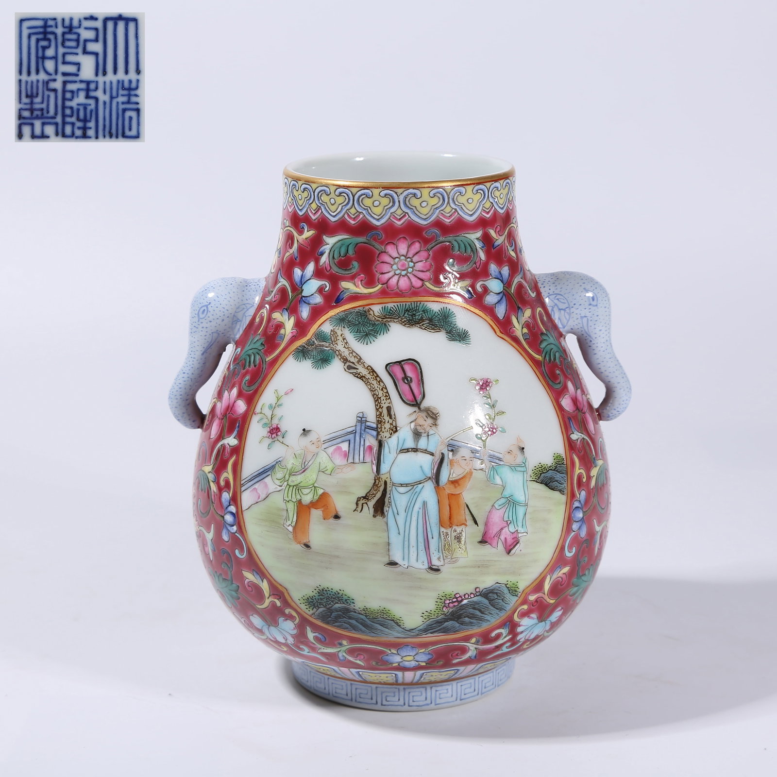 A ROUGE DE FER GROUND OPENWORK FAMILLE ROSE "CHILDREN AT PLAY" ELEPHANT-HANDLED ZUN (1 of 9)