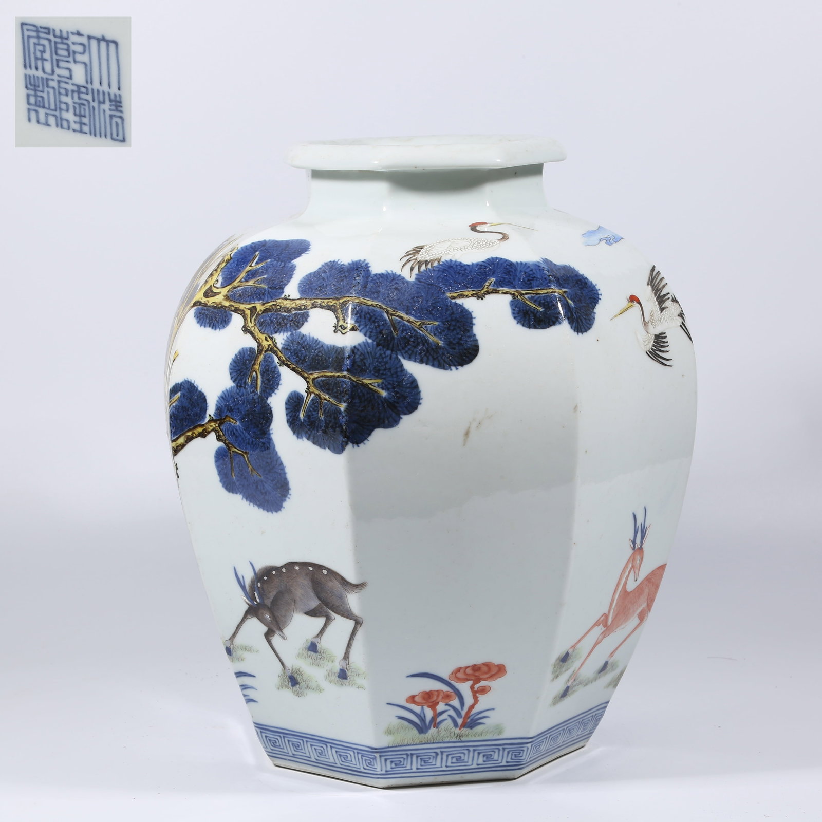 A BLUE AND WHITE POLYCHROME OCTAGONAL JAR WITH PINE-AND-DEER DESIGN (1 of 9)