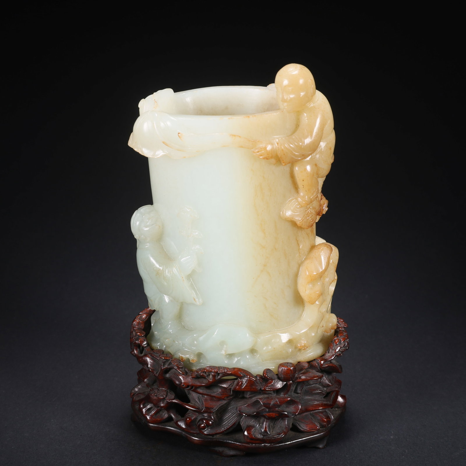 A HETIAN JADE DOUBLE BOY BRUSH POT ON WOODEN BASE (1 of 9)
