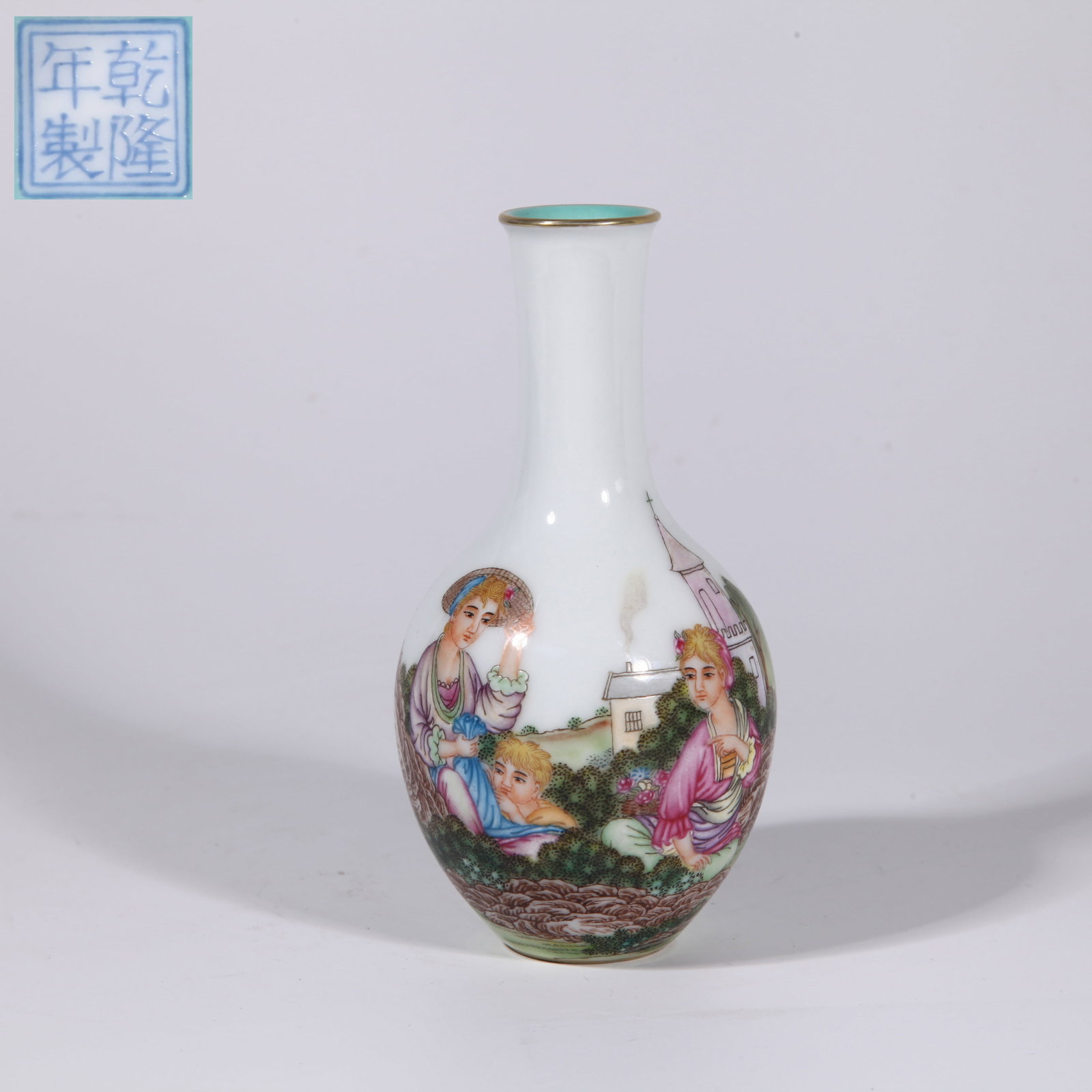 A ENAMEL WESTERN FIGURE STORY SMALL VASE (1 of 9)