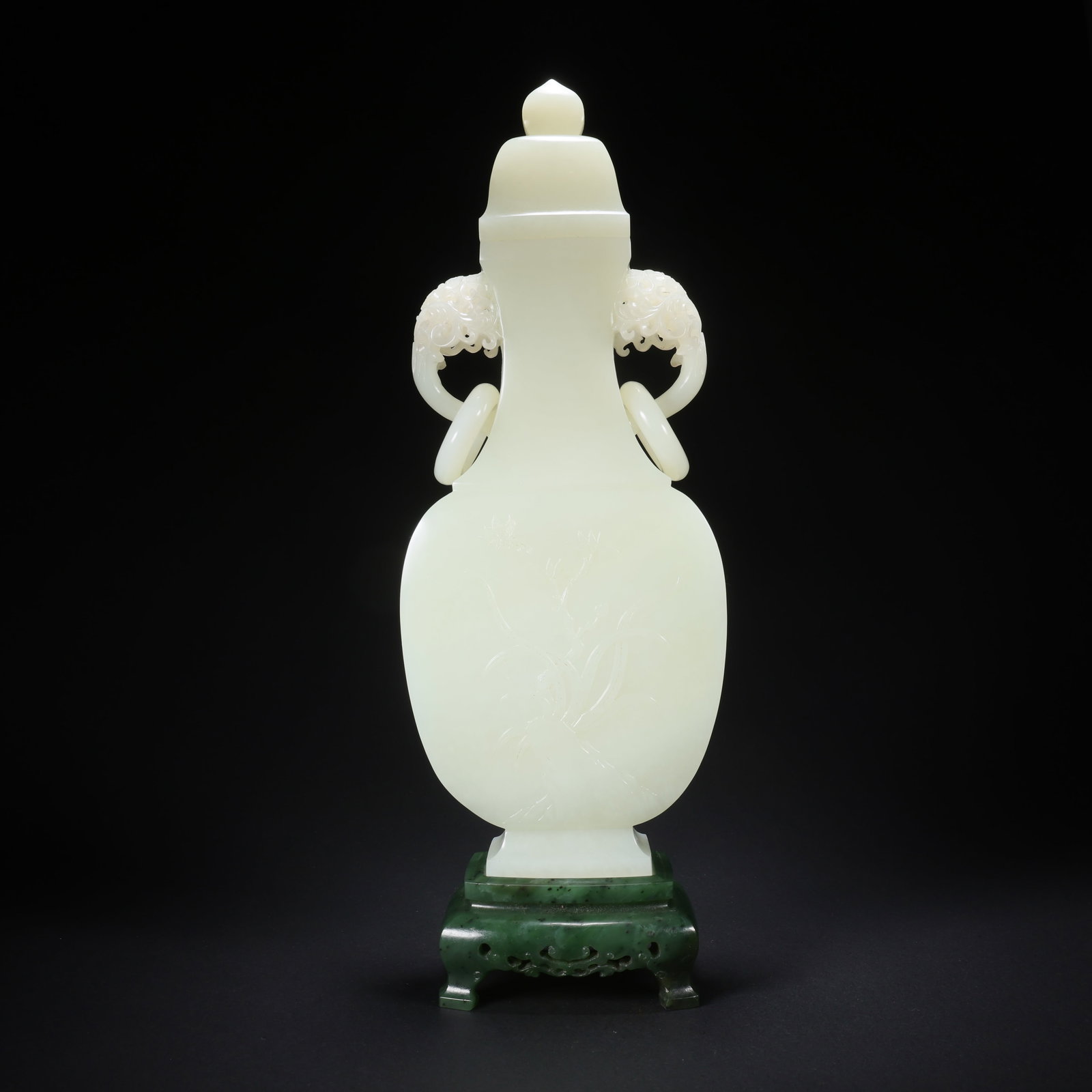A HETIAN JADE COVERED VASE WITH DOUBLE HANDLES, CHRYSANTHEMUM MOTIF, MOVABLE RING, AND JASPER BASE (1 of 9)