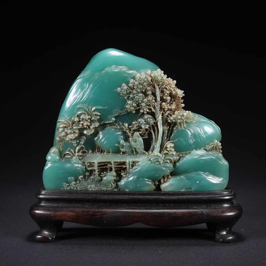A SHOUSHAN STONE "YA'AN GREEN" LANDSCAPE AND FIGURE ORNAMENT ON WOODEN BASE (1 of 9)