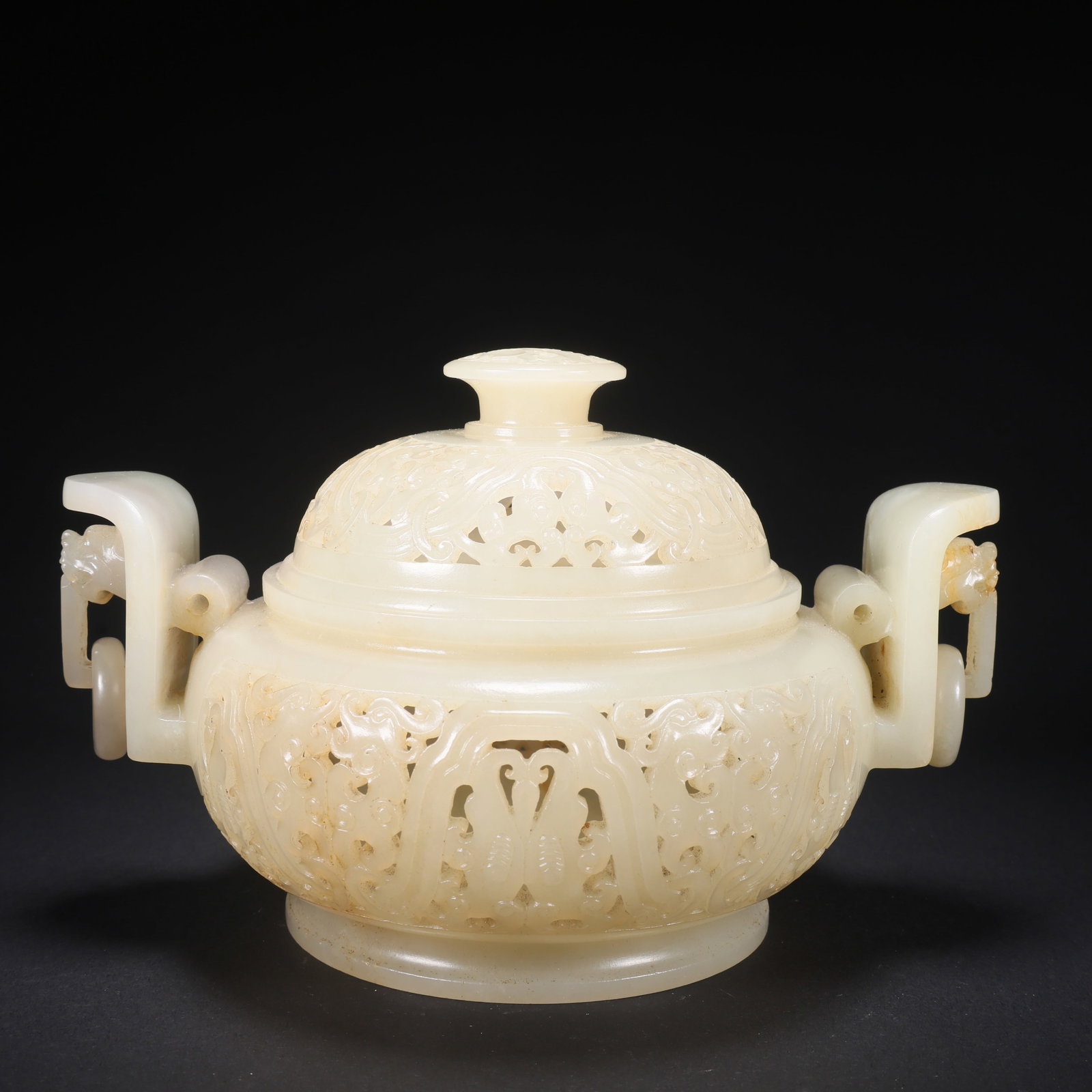 A HETIAN JADE COVERED CENSER WITH FULL-BODY OPENWORK AND DOUBLE HANDLES (1 of 9)