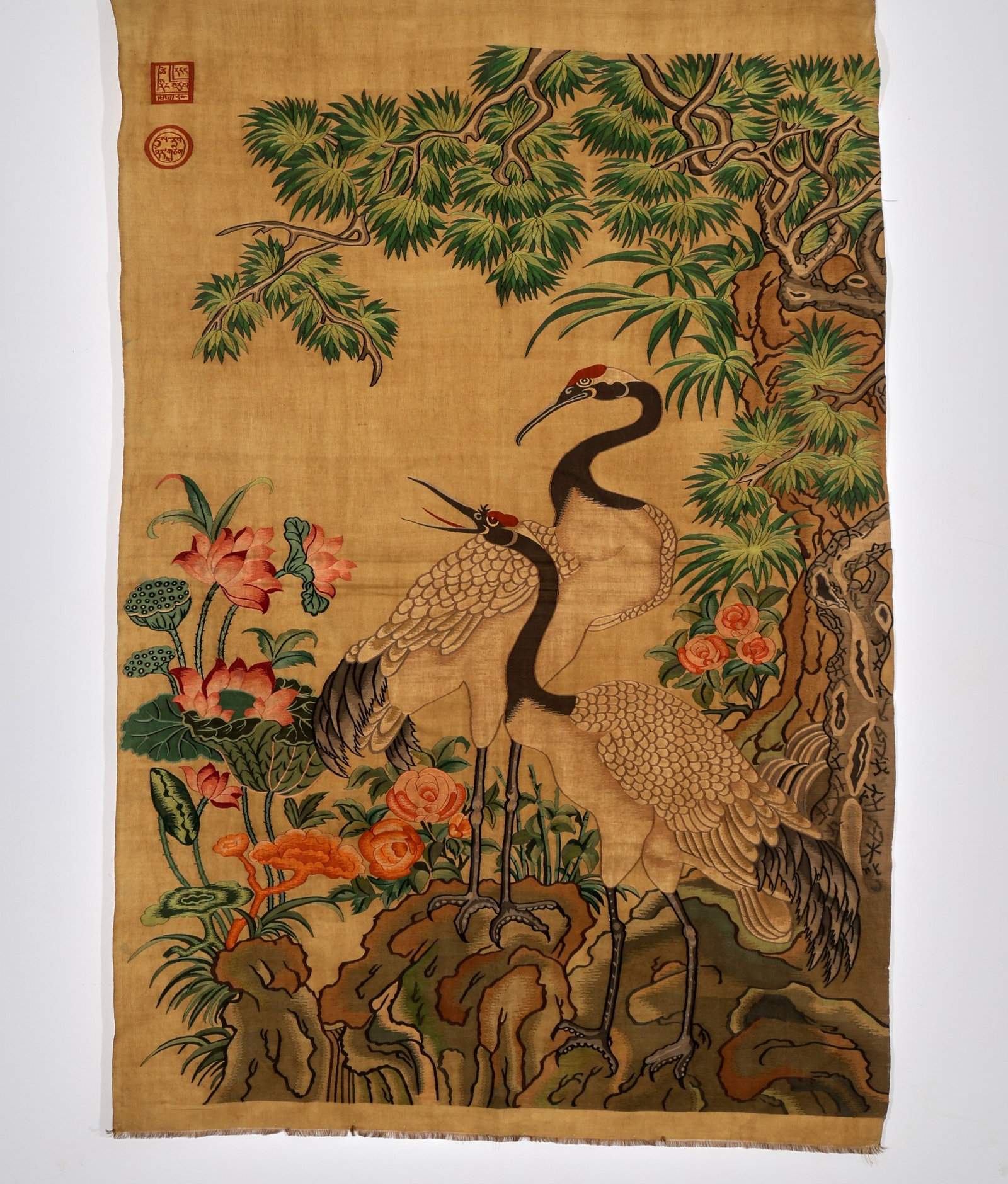 A QING DYNASTY KESI/EMBROIDERED PINE AND CRANE LONGEVITY HANGING SCREEN (TIBETAN STYLE) (1 of 9)