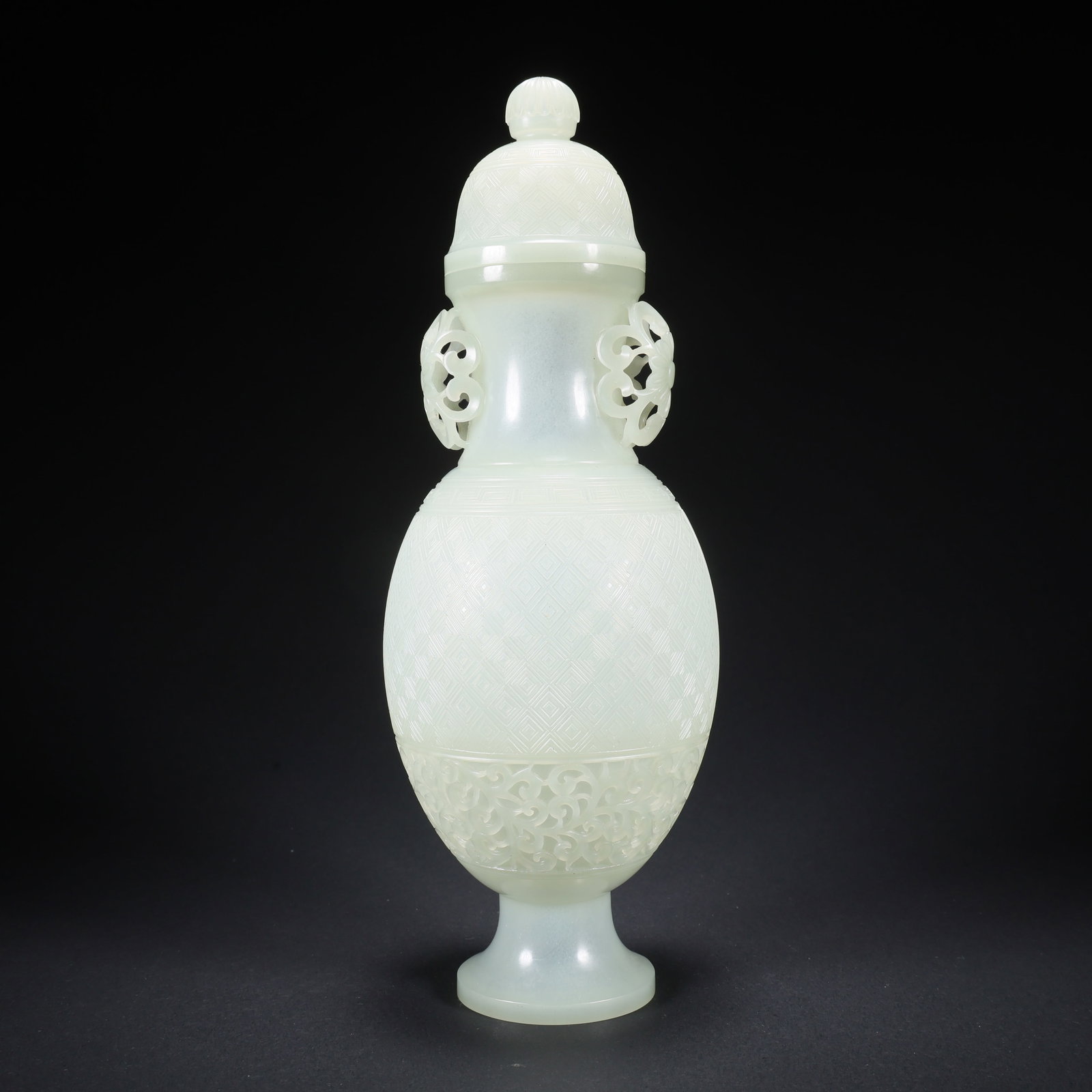 A HETIAN JADE THIN-WALLED COVERED VASE WITH OPENWORK AND DOUBLE FLOWER HANDLES (1 of 9)