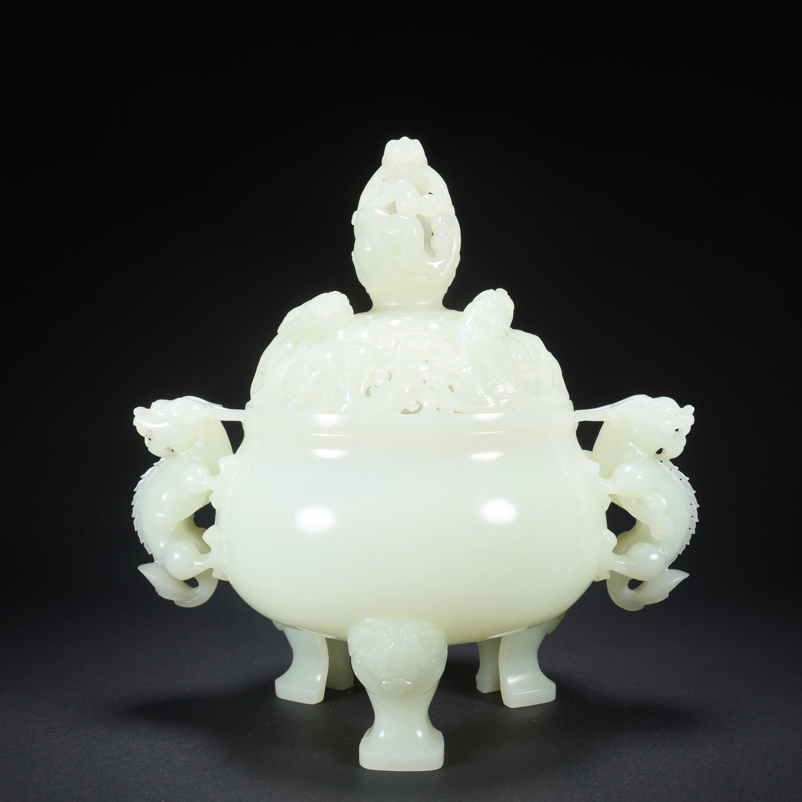 A HETIAN JADE COVERED CENSER WITH DOUBLE BEAST HANDLES AND OPENWORK CHILONG (1 of 9)