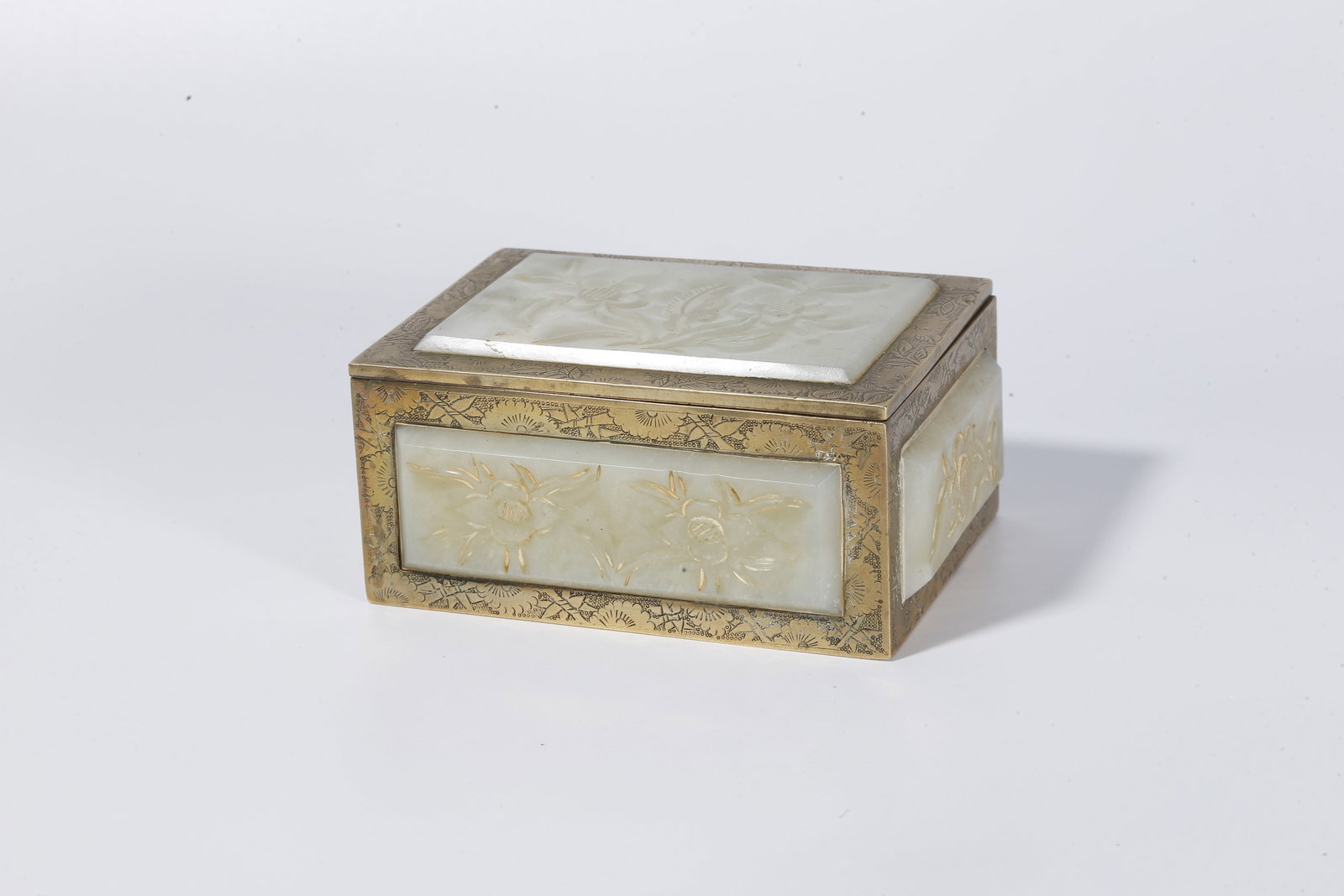 A BRONZE COVERED BOX WITH FLORAL MOTIF INLAID WITH HETIAN JADE (1 of 8)