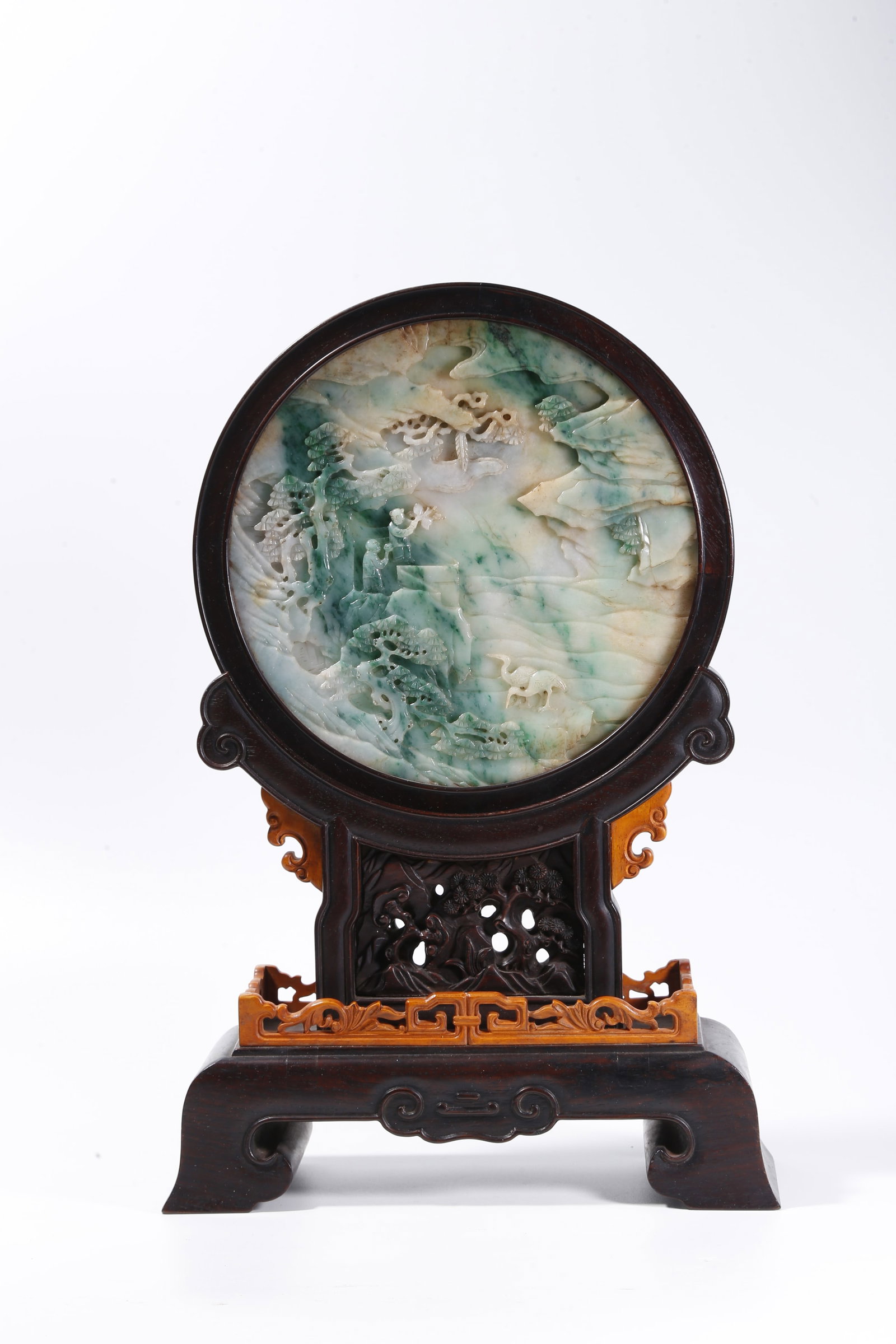 A ZITAN WOOD INLAID WITH JADEITE TABLE SCREEN WITH LANDSCAPE AND FIGURE MOTIF (1 of 9)