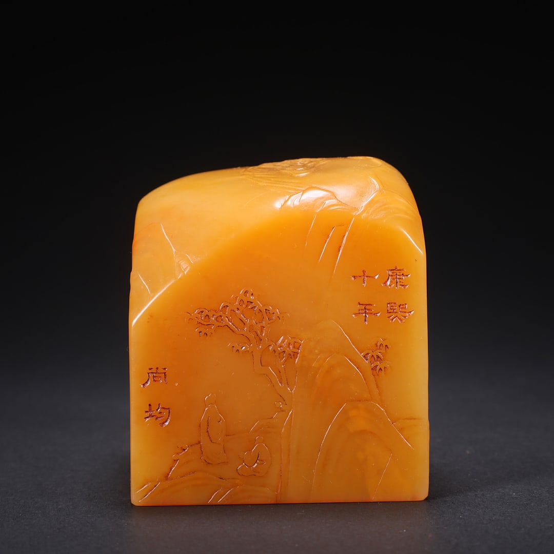 A TIANHUANG STONE SEAL WITH LANDSCAPE AND FIGURE LOW-RELIEF CARVING, SHANG JUN INSCRIPTION (1 of 9)