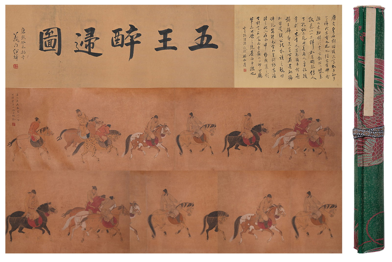 A "FIVE PRINCES DRUNK RETURNING HOME" FIGURE PAINTING HANDSCROLL ON PAPER BY REN RENFA.任 (1 of 10)