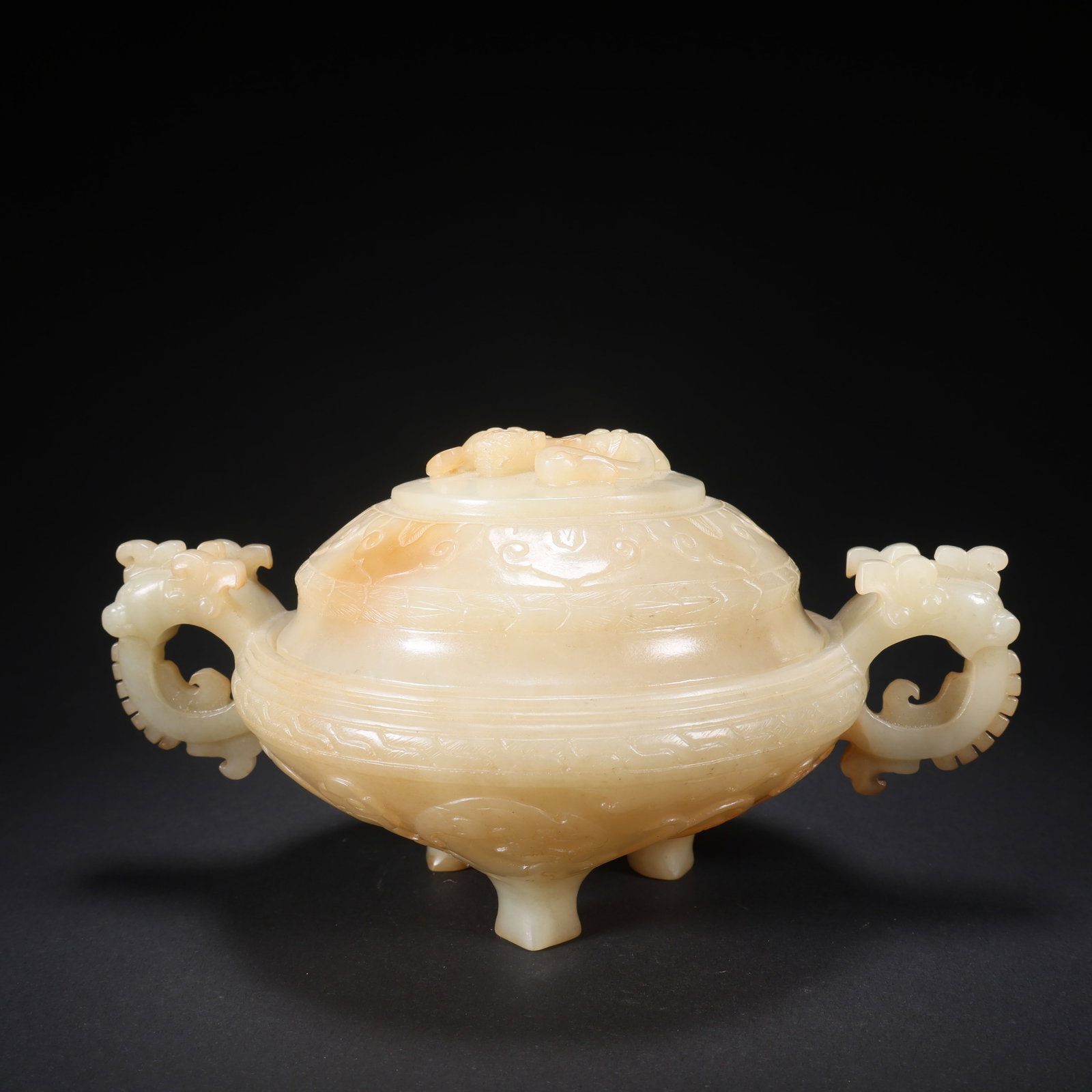 A HETIAN JADE COVERED CENSER WITH DOUBLE BEAST HANDLES, BEAST FACE, AND CHILONG (1 of 9)
