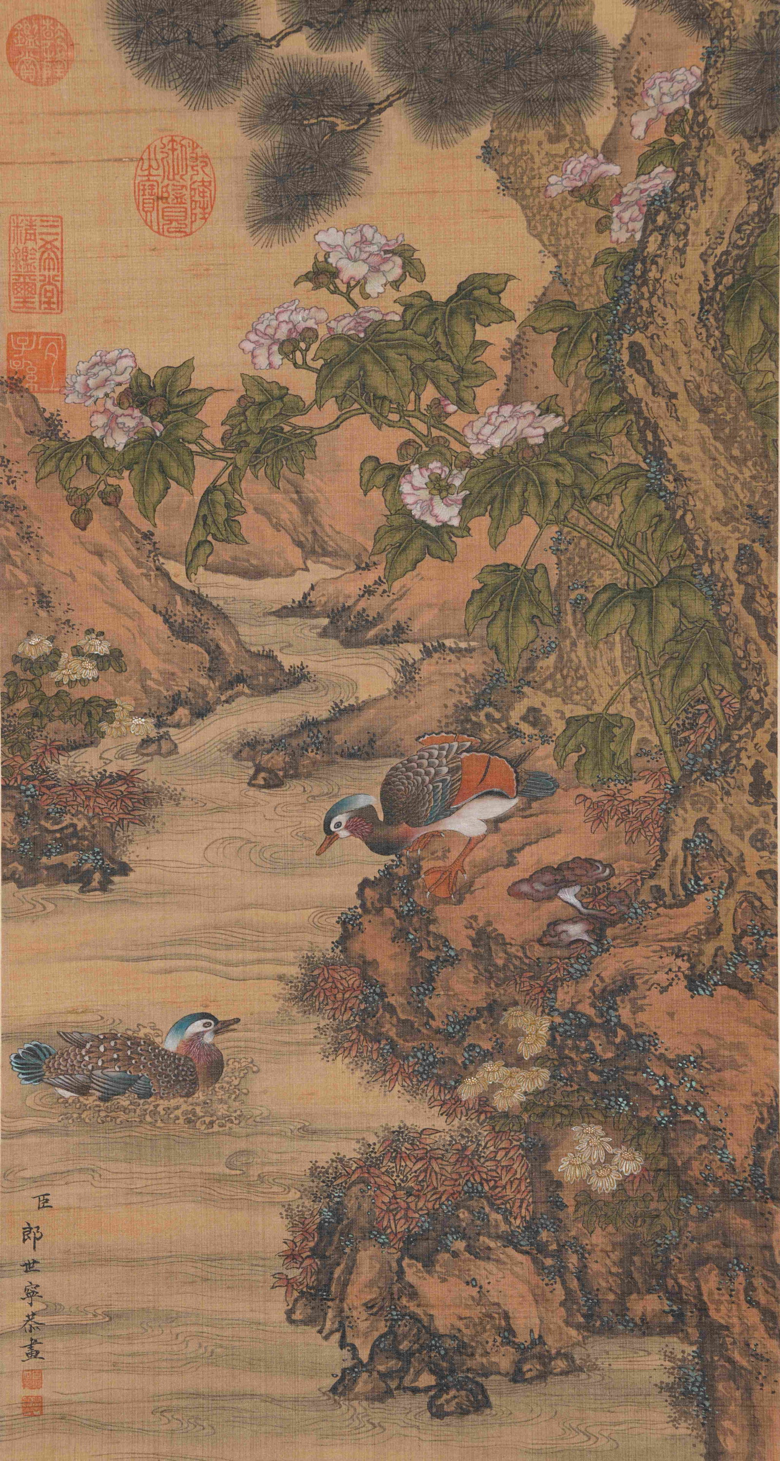 A FLOWER-AND-BIRD PAINTING ON SILK BY GIUSEPPE CASTIGLIONE.郎世寧: Flower-and-Bird Painting on Silk by Giuseppe Castiglione.郎世寧