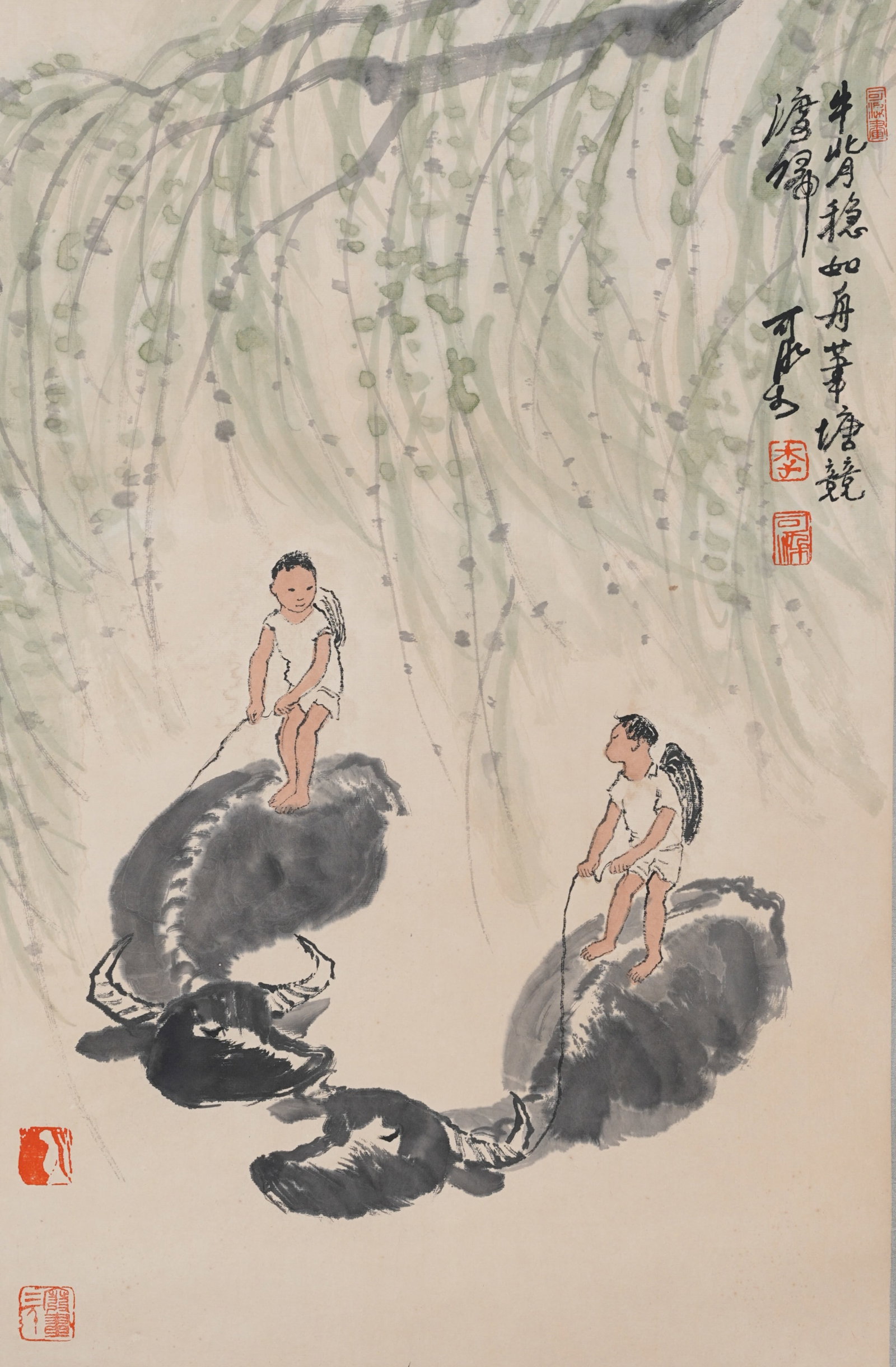 A OX-HERDING PAINTING ON PAPER, MOUNTED AS A MIRROR (JINGXIN) BY LI KERAN.李可染 (1 of 9)
