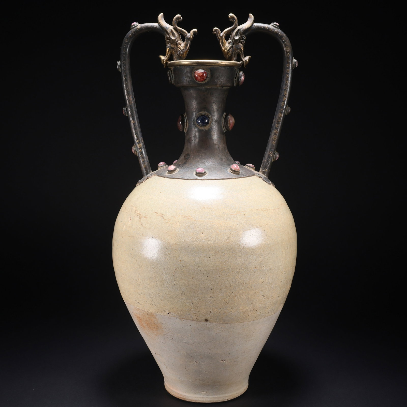 A TANG WHITE PORCELAIN DOUBLE-DRAGON VASE INLAID WITH GOLD, SILVER, AND GEMSTONES (1 of 9)