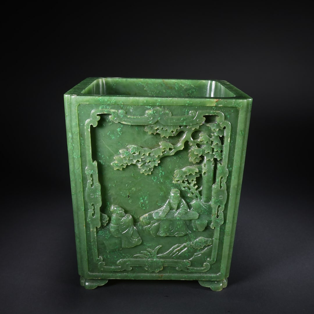 A HETIAN JASPER SQUARE BRUSH POT WITH SCHOLAR FIGURES (1 of 9)