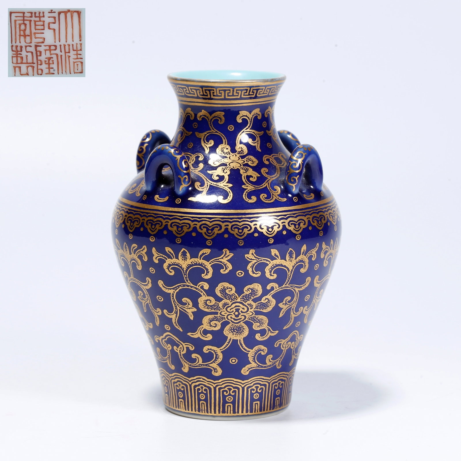 A BLUE-GLAZED GILDED FOUR-HANDLED VASE WITH INTERTWINED FLOWER PATTERN (1 of 8)