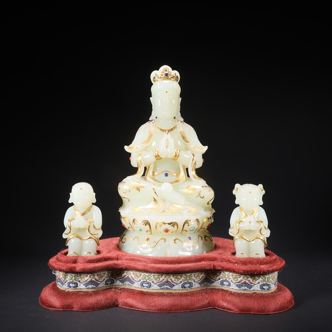 A HETIAN JADE BOY PAYING HOMAGE TO GUANYIN INLAID WITH GOLD AND GEMSTONES: Hetian Jade Boy Paying Homage to Guanyin Inlaid with Gold and Gemstones