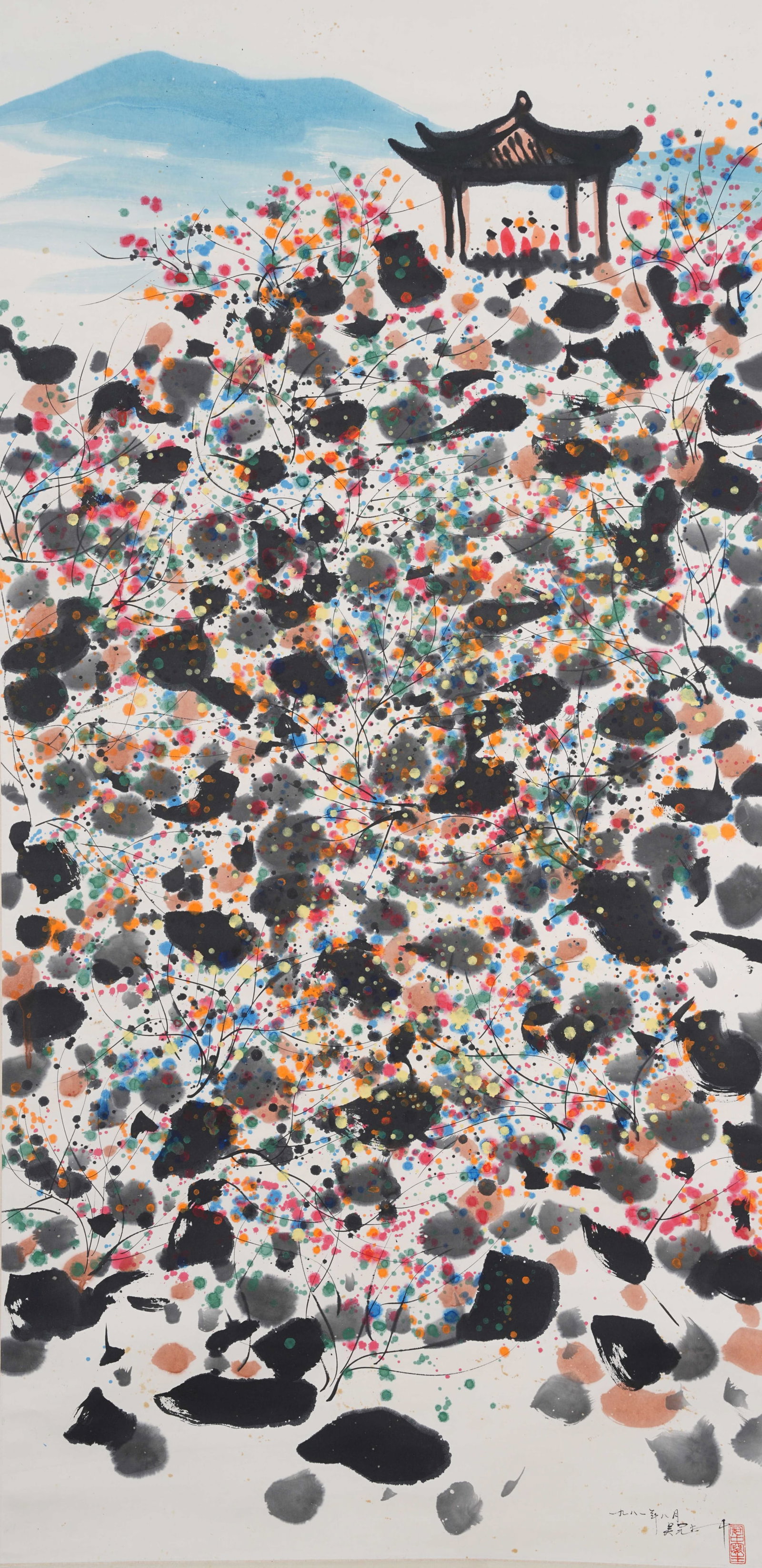 A LOTUS POND PAINTING ON PAPER BY WU GUANZHONG.吳冠中: Lotus Pond Painting on Paper by Wu Guanzhong.吳冠中