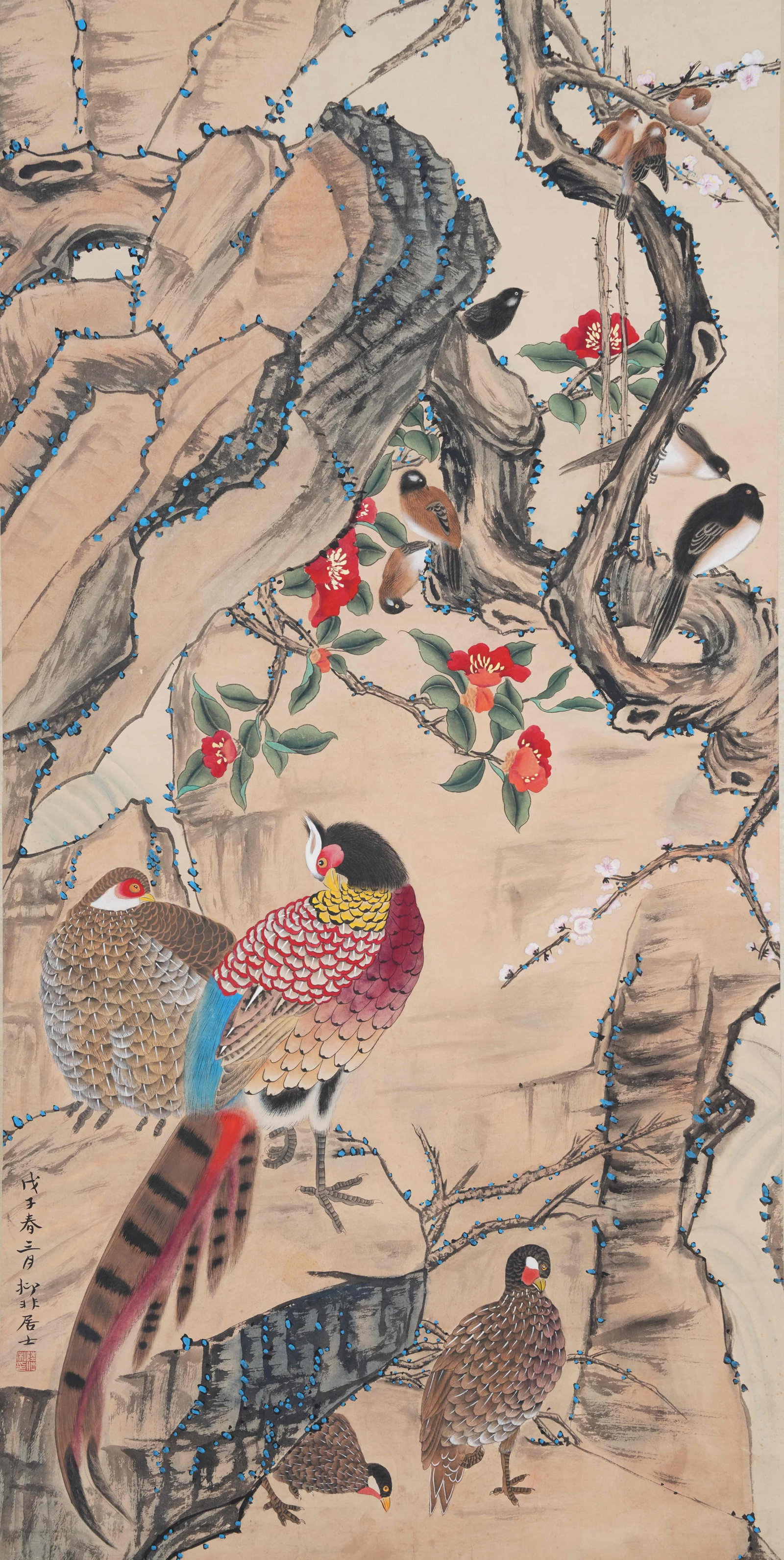 A FLOWER-AND-BIRD PAINTING ON PAPER BY LU YIFEI.陸抑非: Flower-and-Bird Painting on Paper by Lu Yifei.陸抑非