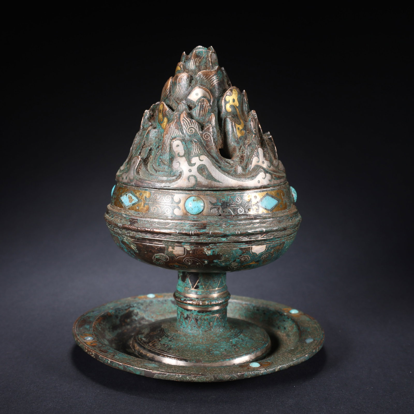 A BRONZE BOSHAN INCENSE BURNER INLAID WITH GOLD AND SILVER (1 of 9)