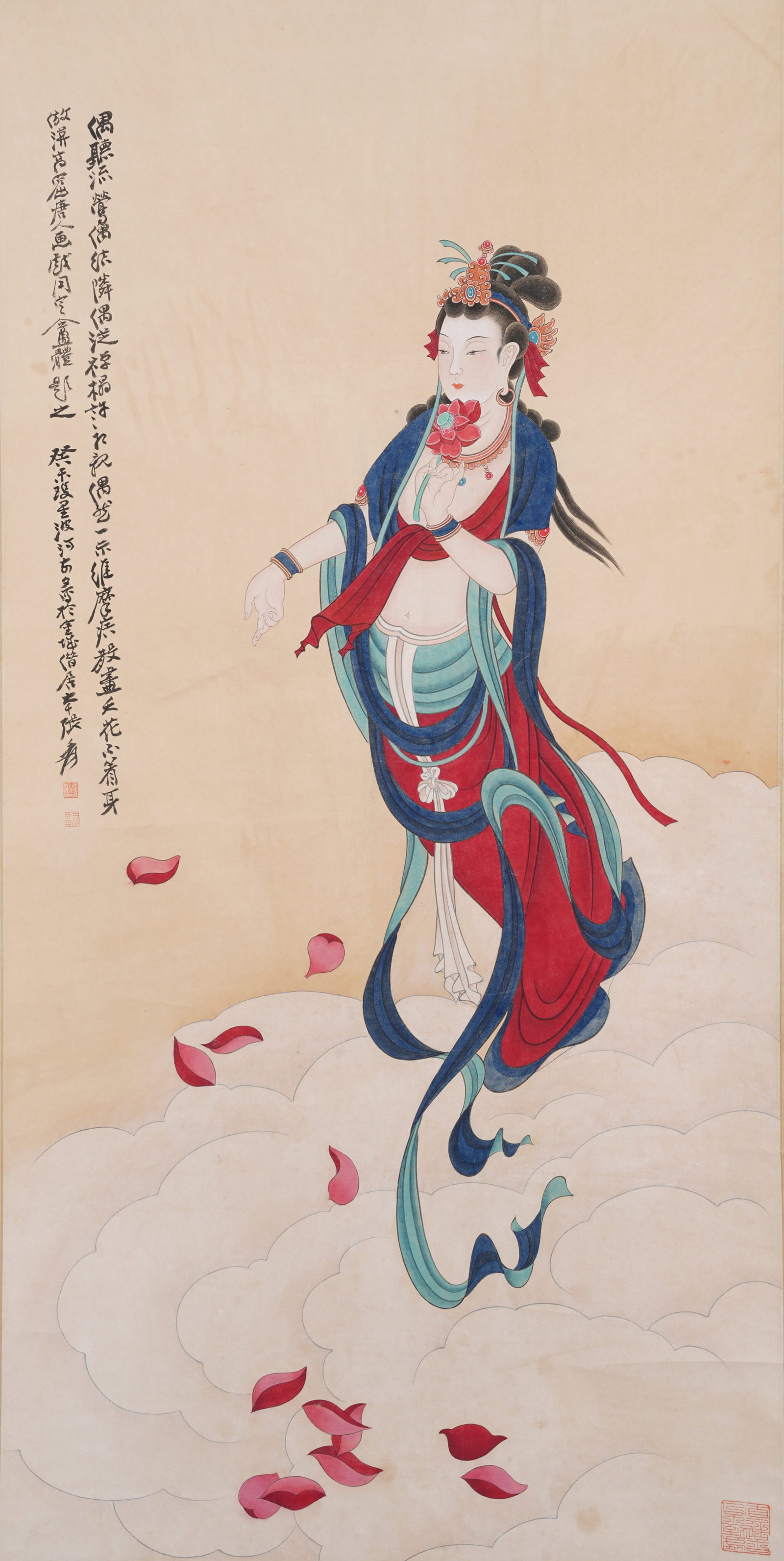 A "HEAVENLY MAID SCATTERING FLOWERS" PAINTING ON PAPER BY ZHANG DAQIAN.張大千: "Heavenly Maid Scattering Flowers" Painting on Paper by Zhang Daqian.張大千