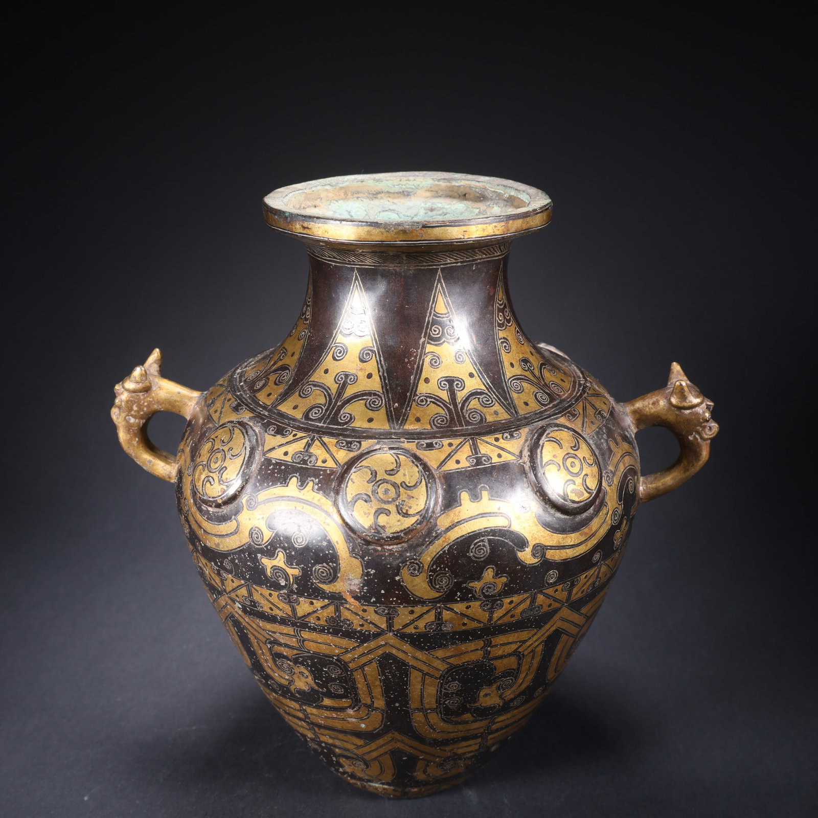 A BRONZE DOUBLE-DRAGON HANDLE VASE INLAID WITH GOLD AND SILVER (1 of 9)