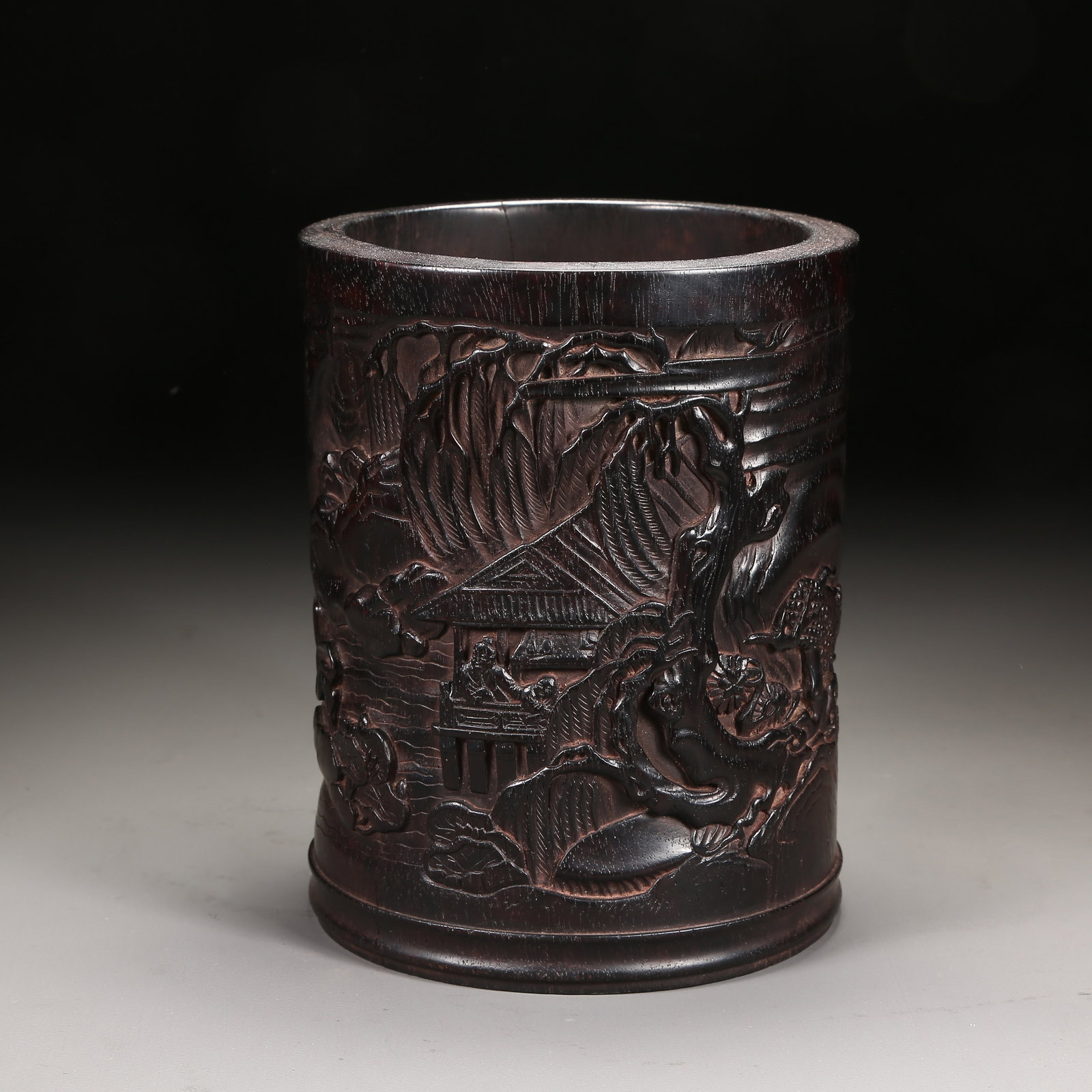 A ZITAN BRUSH POT WITH LANDSCAPE MOTIF (1 of 9)